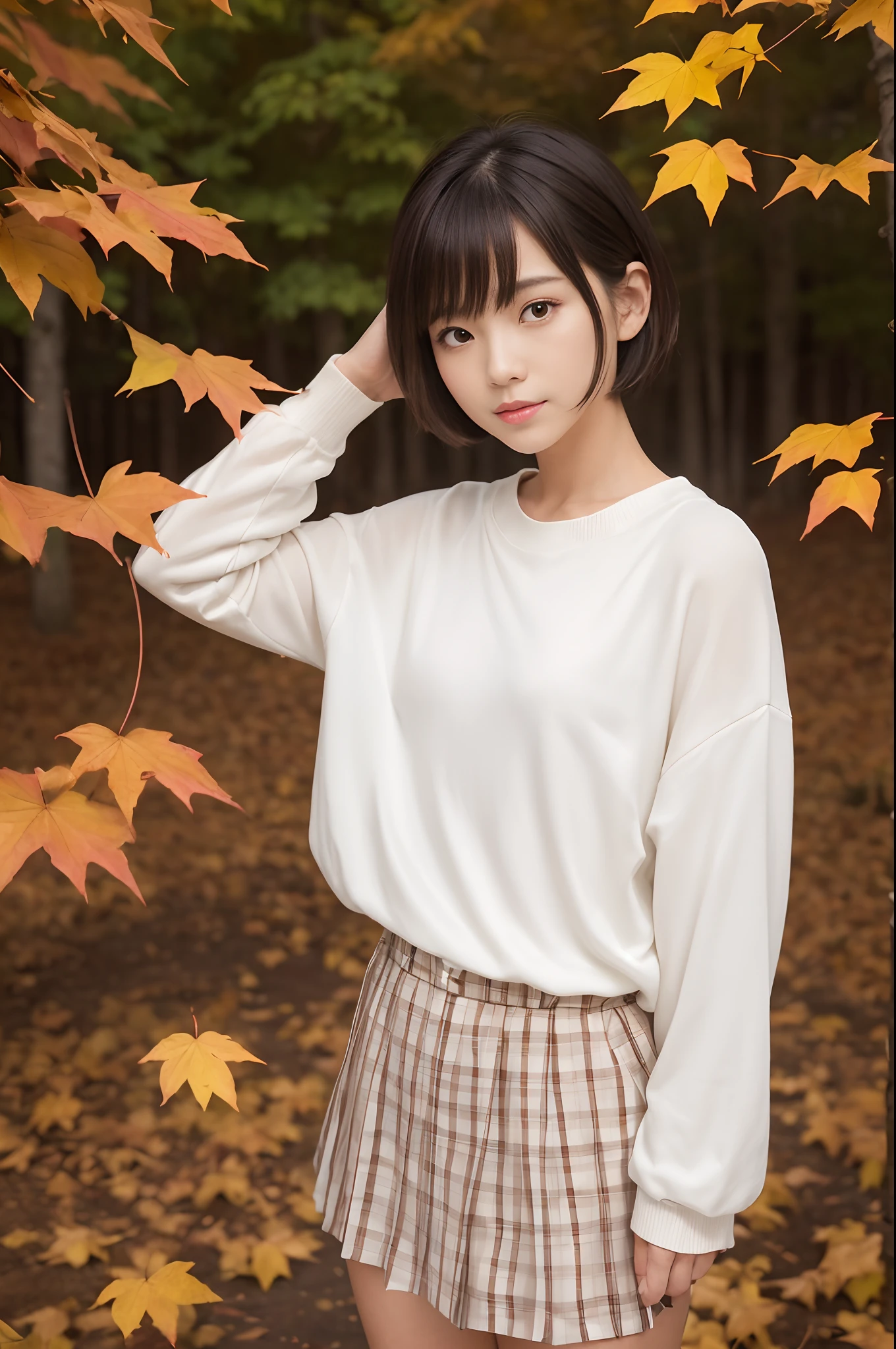 (((nffsw))), (((masutepiece))), (((8K))), (((hight resolution))), (((photographrealistic))), god rays, Zoom Layer, (((FULL BODYSHOT))), F/4.0, canon, Shiny skin,Detailed skin,Detailed face, Detailed eyes, 13-year-old Japan female idol, Night view of autumn leaves, Reach for a tree with autumn leaves, Smaller chest, Short bob hair, White ribbon, Light brown shirt, Gingham check miniskirt, White sneakers, Beautiful autumn leaves, Bright red and yellow autumn leaves lit up, cheerful look, fullmoon, Cloudless night sky, Twinkling starry sky
