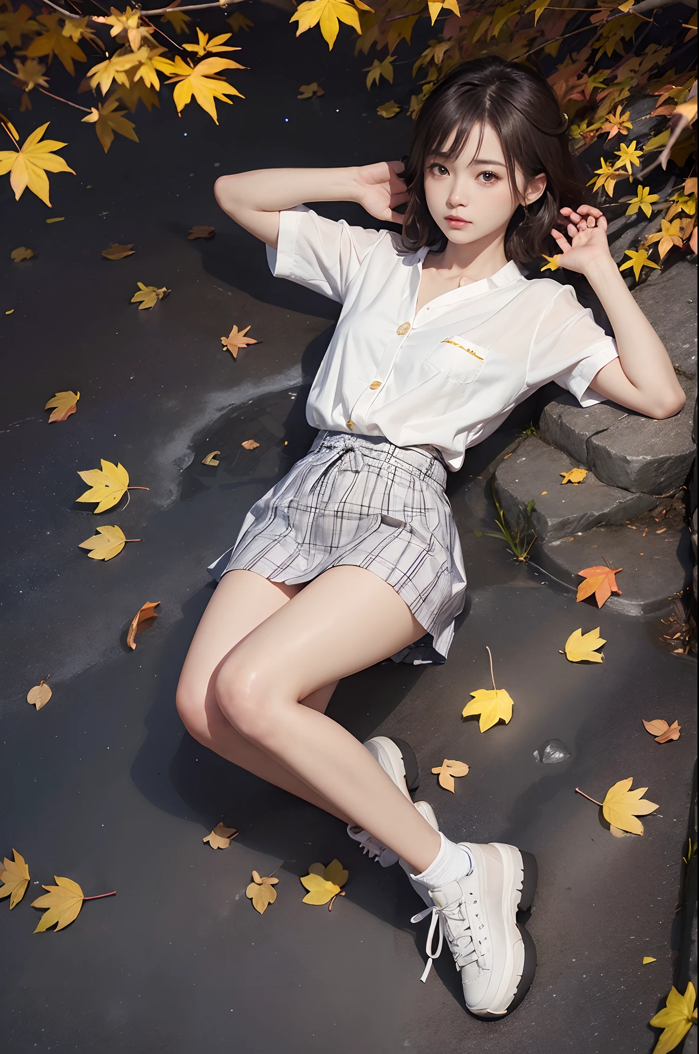 (((nffsw))), (((masutepiece))), (((8K))), (((hight resolution))), (((photographrealistic))), god rays, Zoom Layer, (((FULL BODYSHOT))), F/4.0, canon, Shiny skin,Detailed skin,Detailed face, Detailed eyes, -yeld Ja female idol, Night view of autumn leaves, fullmoon, Cloudless night sky, Sparkling starry sky, Reach for a tree with autumn leaves, Smaller chest, Short bob hair, White ribbon, Light brown shirt, Gingham check miniskirt, White sneakers, Beautiful autumn leaves, Bright red and yellow autumn leaves lit up, cheerful look