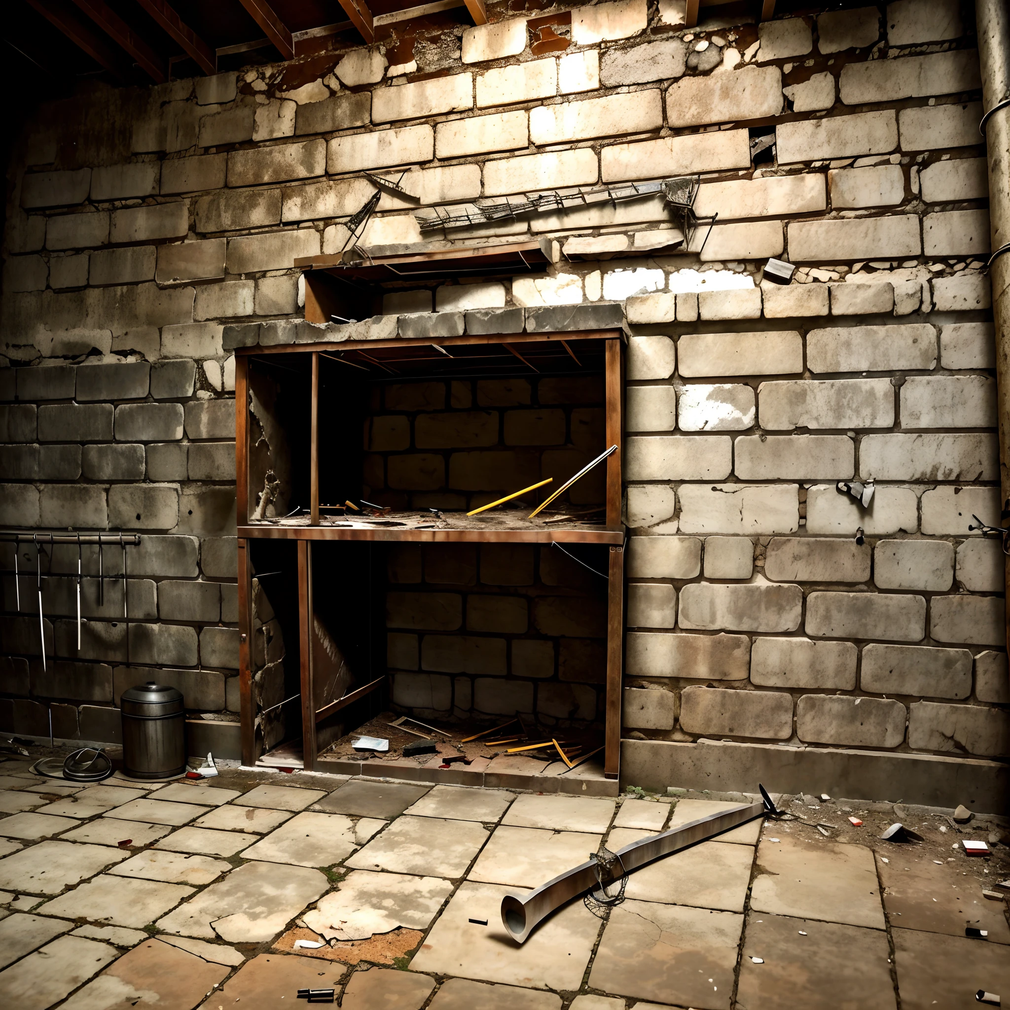 An old abandoned prison cell, paredes de concreto, stone floor, muitas correntes pendem do teto, muitascordas amarradas e esticadas, instrumentos de tortura, objetos cortantes, arame farpado, Lots of War Spears, Wall and ceiling leaks, local abandonado.