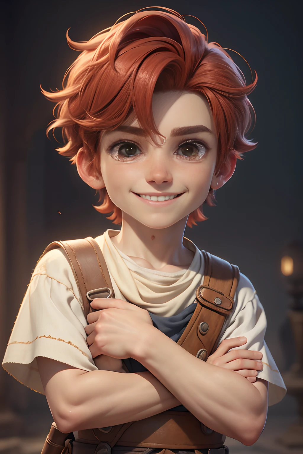 Pixar's cartoon style: A -yead redired boy is poor in poor clothes, in different historical epochs: Ancient World - Egypt, Greece, Germany, Russia. Smiling broadly. a closeup of a. blurred background. Light haze.