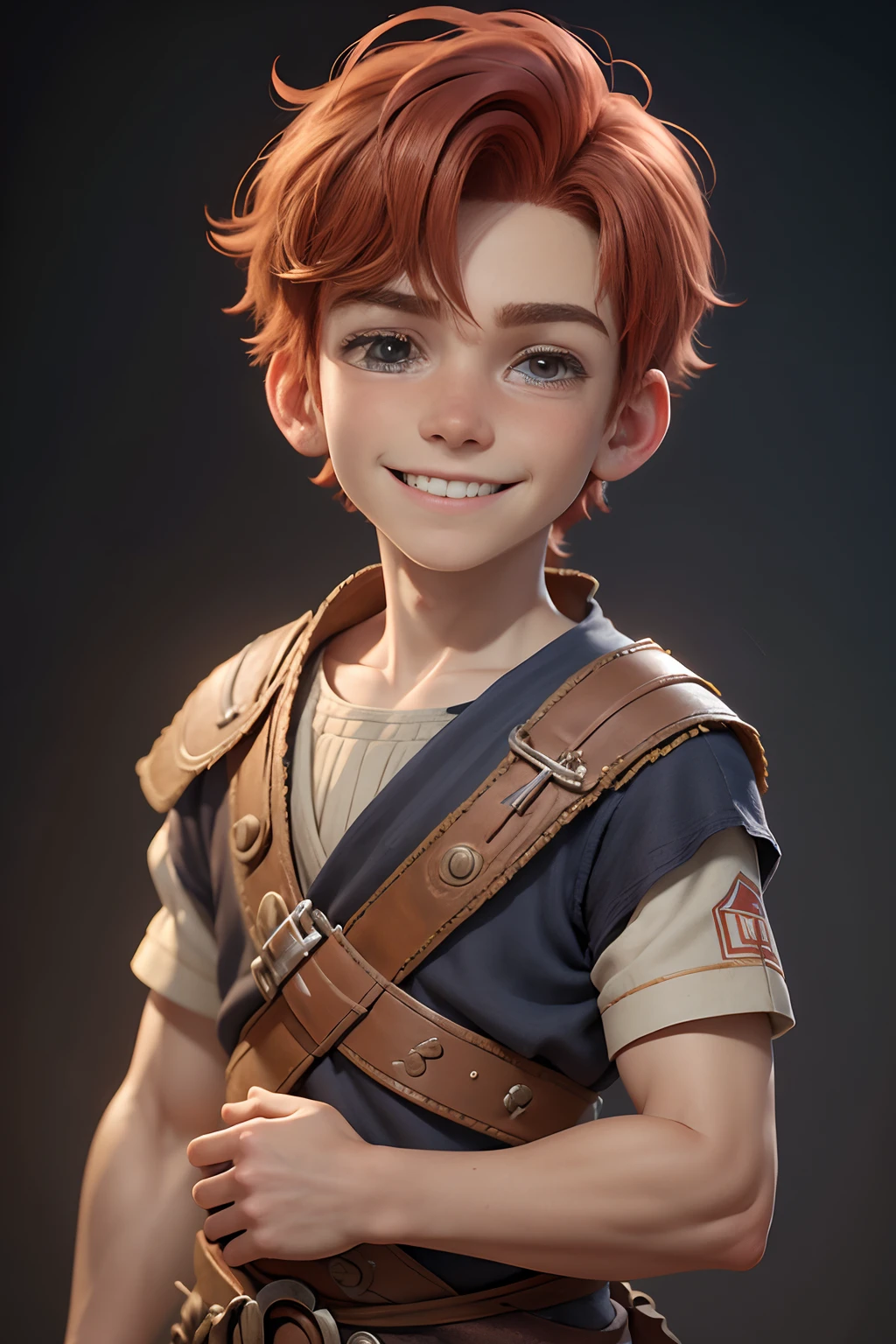 Pixar's cartoon style: A -yead redired boy is poor in poor clothes, in different historical epochs: Ancient World - Egypt, Greece, Germany, Russia. Smiling broadly. a closeup of a. blurred background. Light haze.
