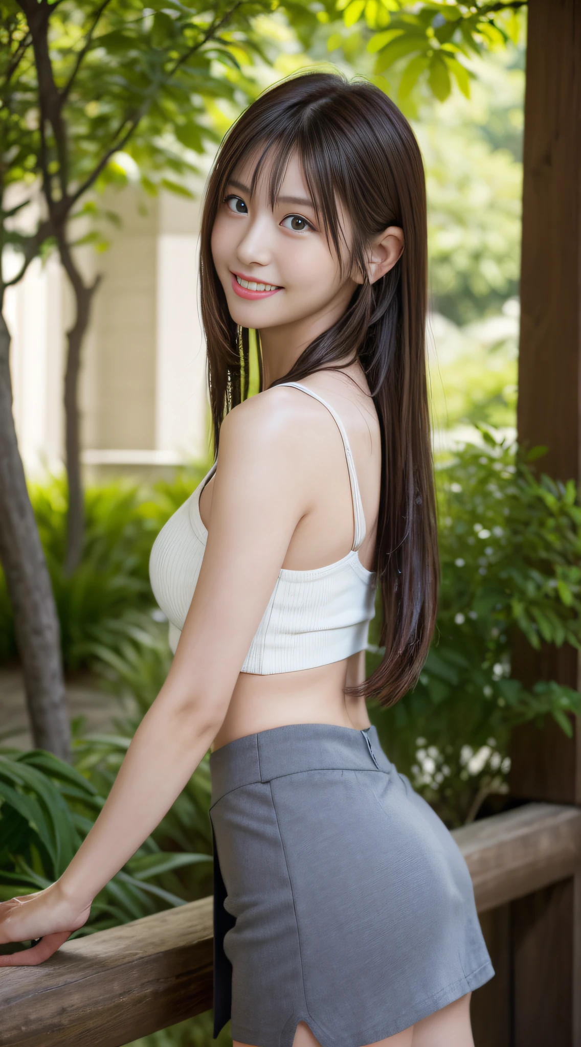 (Best Quality, masutepiece, Ultra HD: 1.3), 1womanl, (middlebreasts), light brown hair, Blunt bangs, hair behind ear, hair over shoulder, (Long hair),wetting hair,( slender body shape), (Ultra Fine Face), Delicate lips,(beautidful eyes), thin blush, The eyes are brown eyes, (Wet and shiny skin, flawless skin :1.3),鎖骨, (hide one's hands:1.5),( Black tops, Black tight skirt),(a japanese girl,hposing Gravure Idol),Smile,,bustshot,(Broad-leaved forest:1.5)