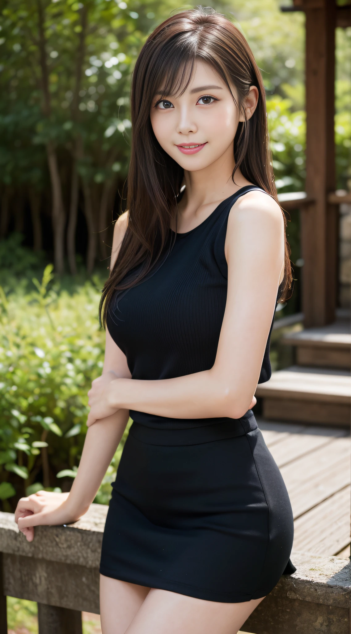 (Best Quality, masutepiece, Ultra HD: 1.3), 1womanl, （middlebreasts）, light brown hair, Blunt bangs, hair behind ear, hair over shoulder, （Long hair）,wetting hair,（ slender body shape）, （Ultra Fine Face）, Delicate lips,（beautidful eyes）, thin blush, The eyes are brown eyes, （Wet and shiny skin, flawless skin :1.3）,鎖骨, （hide one's hands:1.5）,（ Black tops, Black tight skirt),(a japanese girl,hposing Gravure Idol),Smile,,bustshot,（Broad-leaved forest:1.5）