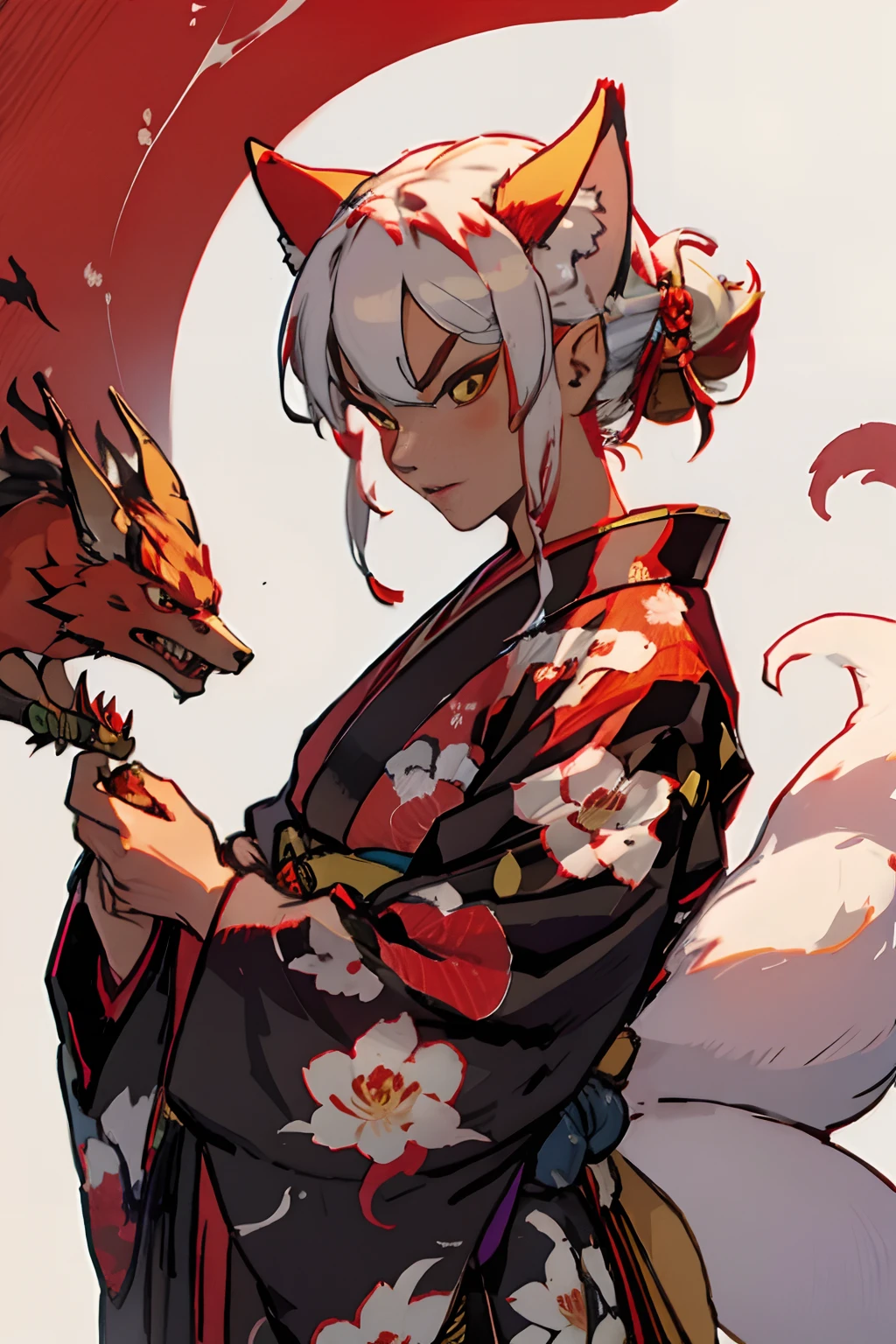 Japanese Woman Kimono Kitsune Oni Cat Ears Serious Angry Countenance