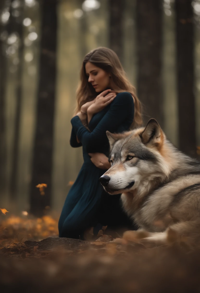 Uma mulher nua na floresta de gelo com um lobo ao lado