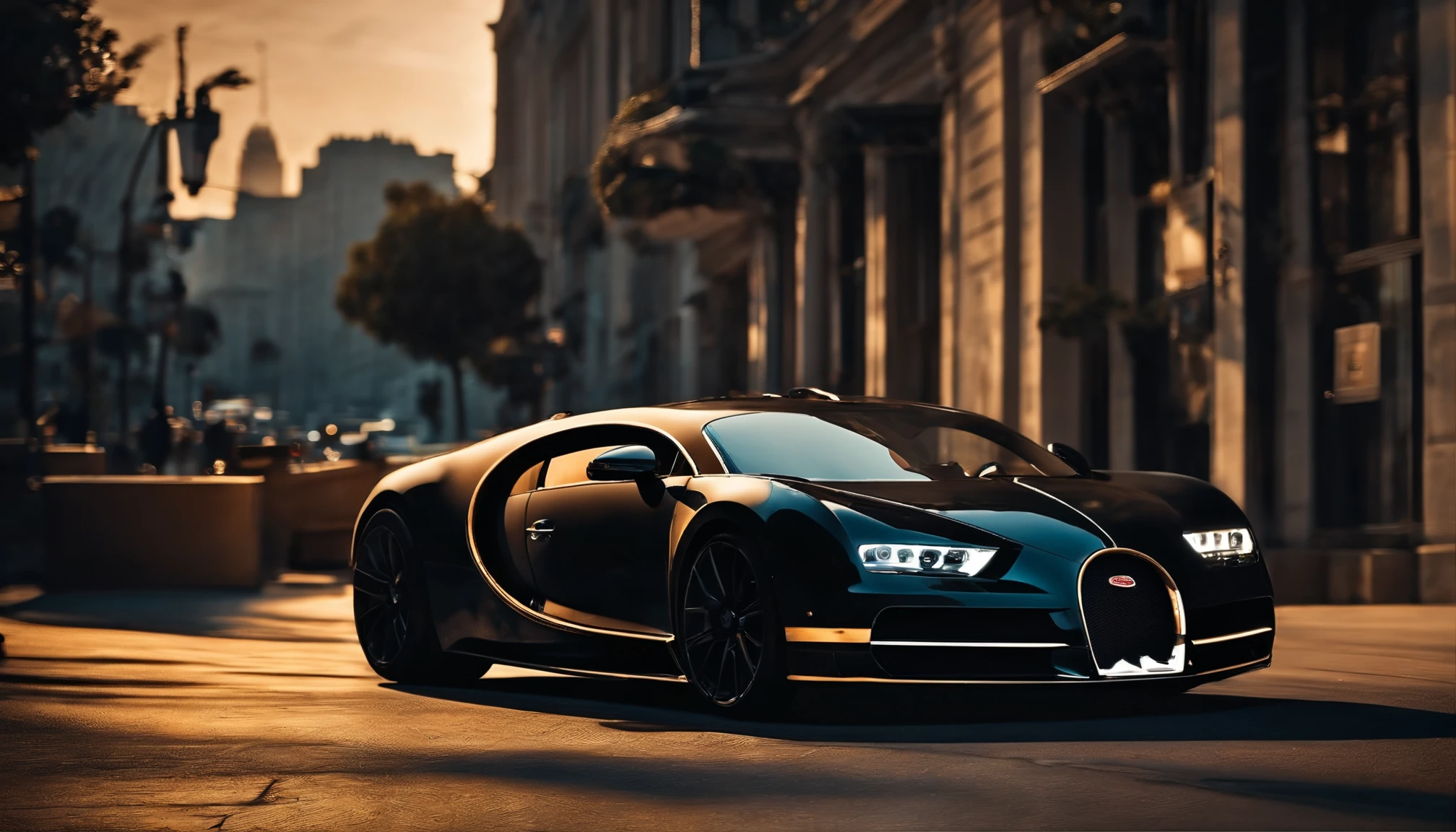 Um close up de um carro Bugatti estacionado em uma rua da cidade, wallpaper mobile, cinematic poster, papel de parede do telefone, como matriz, cartaz motivacional,cor preta lamborghini carro, money raining from the sky,cinematic wallpaper 4k, cinematic 4k wallpaper, Matriz LUT, poster!!!, GTA V Estilo Poster, fotografia automotiva, cinematic matte illustration, matte digital illustration, paper awesome wallpaper, cartaz de filme de pintura fosca, gta arte da tela de carregamento, wallpaper mobile