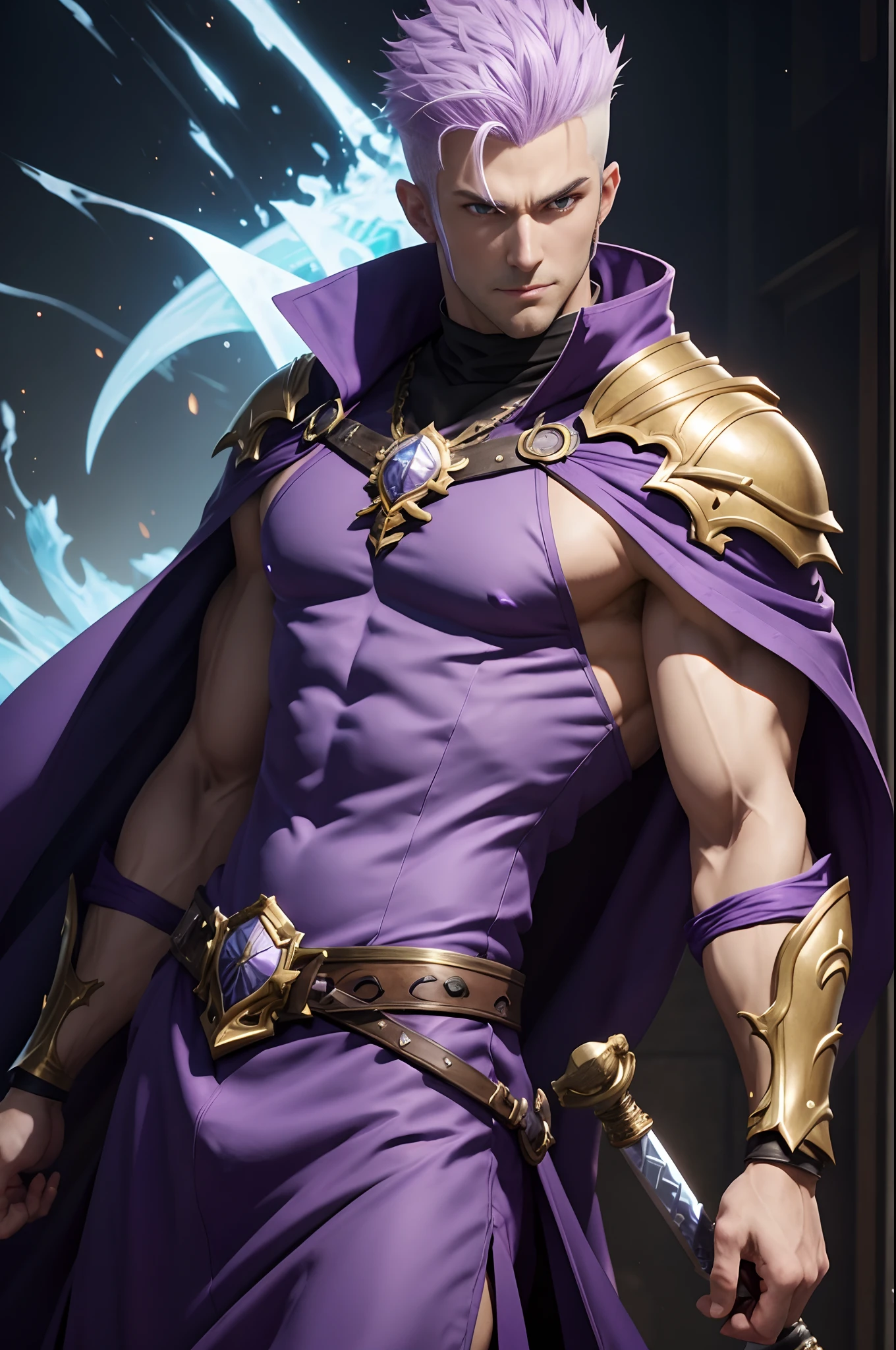 8K、Alafed Men、White and purple exterior,Golden decoration、Big sword armament、Super handsome、Purple and white mohawk cutting、Eyes glowing purple、unrealengine、Joseph Joestar、trending on artstationh、Diobrand、highly detailed exquisite fanart、3 d render character art 8 k、Highly detailed artgerm、Muscular male hero with a slender body、handsome guy in demon slayer art、Range Murata and Artgerm