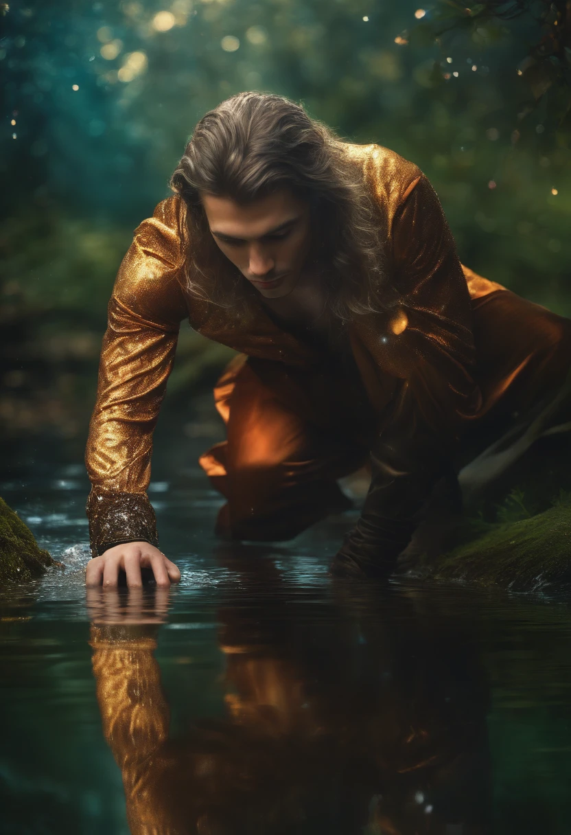 ((One Man)), ((bent over the water and looks at the reflection)), (((Fantasy portrait of a young man in a mithorogic costume))), ((Long sleaves)), With mystical colored eyes, pale skin, Long hair, Magical, Beautiful, Enchanting, Photorealism, mid-shot, ((Deep forest)), Fantasy Art, (((Many sparkling particles in the air))), ((Ethereal fantasy art)),