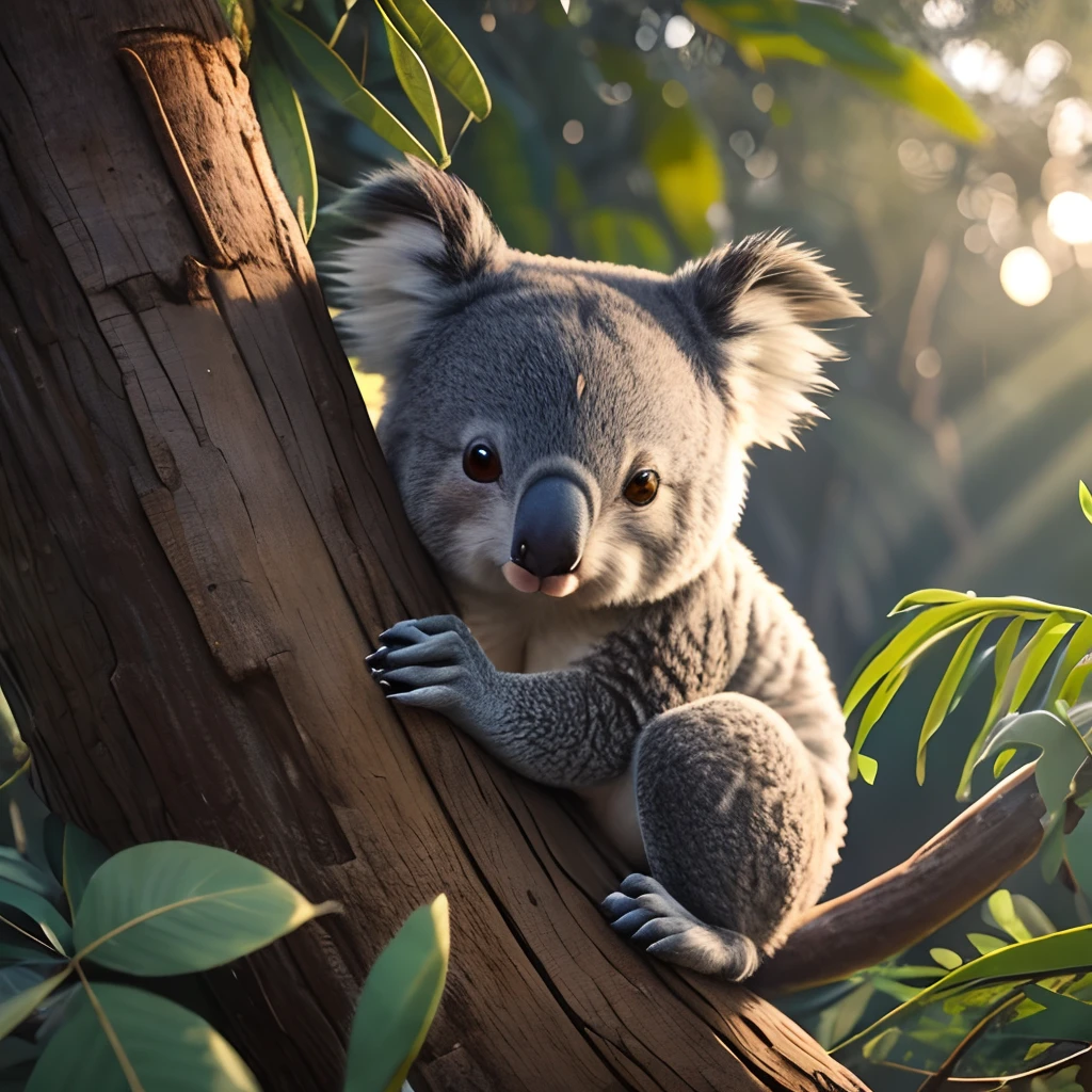 best quality, vibrant colors, realistic:1.37, detailed eyes, cute koala who thinks its a parrot, fluffy fur and feather blended, colorfull bright feathers, eucalyptus leaves, peaceful green forest, soft lighting, nature landscape, wildlife, majestic trees, Australian fauna, gentle expression, adorable little creature, adorable nose, furry ears, calm and relaxed, native wildlife, charming beauty, wildlife conservation, furry friend, playful innocence, unique marsupial, iconic Australian animal, beautiful nature, tranquil atmosphere, peaceful harmony, delicate whiskers, gentle nature, comfortable habitat, natural beauty, nature's wonder, cute and cuddly, loveable creature, peaceful coexistence, fascinating creature.