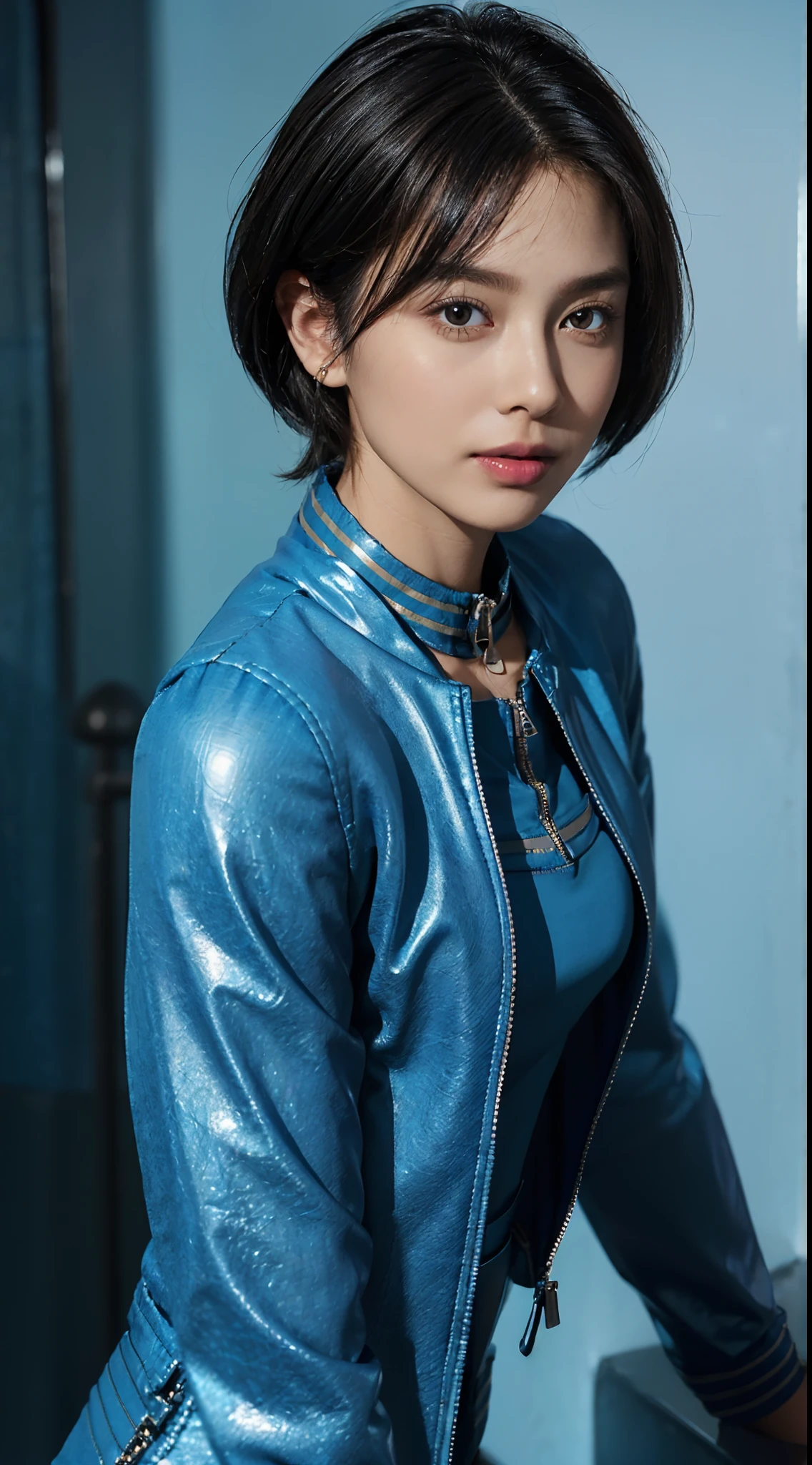 (shoulder length straight short hair: 1.1),(black hair:1.3),(Extremely meticulous CG 8k wallpaper），（Extremely refined and beautiful），（Masterpiece），（best qualtiy：1.0），（Ultra High Resolution：1.0），beautiful light up，Perfect lightning，realistic shaded，[A high resolution],(Smooth and flawless fair skin:1.5),(shiny skin:1.5),Extremely exquisite facial details,(perfect body：1.1），ultra - detailed,(A 3-year-old beautiful girl:1.5)，small head,(Small breasts:1.1)，Flat chests，slim，thin，Smile，cheerfulness,(blue collared zipped-up cloth jacket:1.5),(blue cloth pants:1.4),Slender legs,standing,(In the stairwell of the residential building:1.5), bright lights,Portrait photo,close shot,cowboy shot,upper body,from front