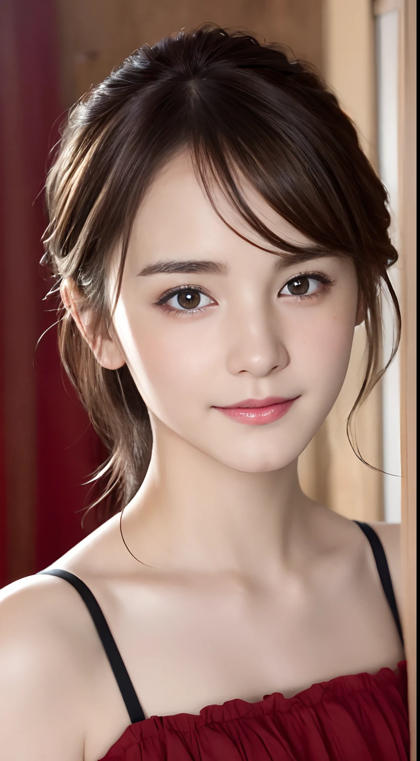 (A hyper-realistic), (hight resolution), (8K), (ighly detailed),  (beatiful detailed eyes), (top-quality), (ultra-detailliert), (​masterpiece), (Detailed face), selfee、faces、softfocus、japanes,  Smile、Red underwear、Western-style room、face of emma watson、pose sensual、Empty eyes