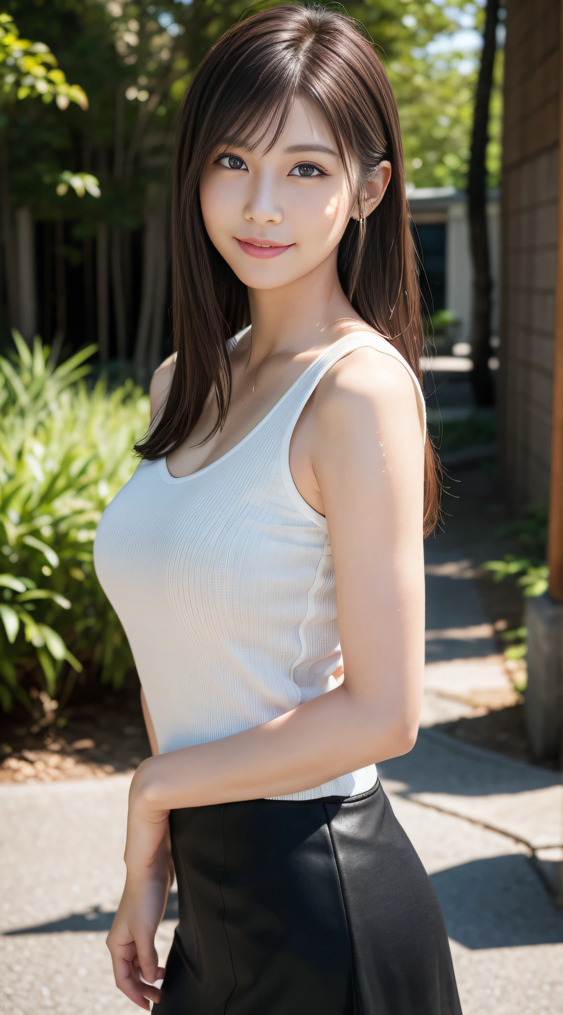 (Best Quality, masutepiece, Ultra HD: 1.3), 1womanl, (middlebreasts), light brown hair, Blunt bangs, hair behind ear, hair over shoulder, (Long hair),wetting hair,( slender body shape), (Ultra Fine Face), Delicate lips,(beautidful eyes), thin blush, The eyes are brown eyes, (Wet and shiny skin, flawless skin :1.3),鎖骨, (hide one's hands:1.5),( Black tops, Black tight skirt),(a japanese girl,hposing Gravure Idol),Smile,,bustshot,(Broad-leaved forest:1.5)