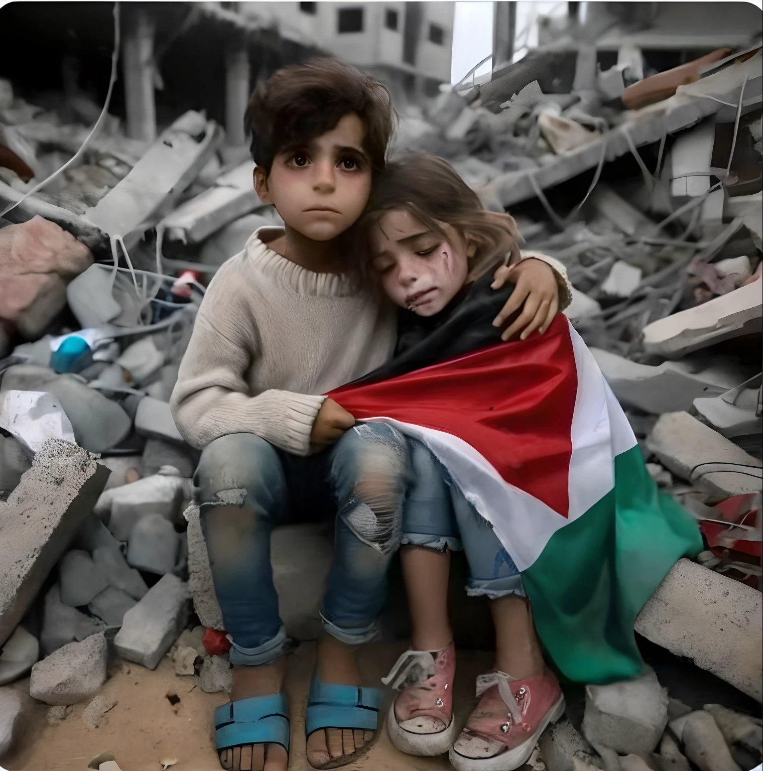 17 year old ager in shabby clothes hugging the Palestinian flag while shedding tears looking at small Palestinian children covered in blood and the rubble of destroyed buildings, 3D image with six characters