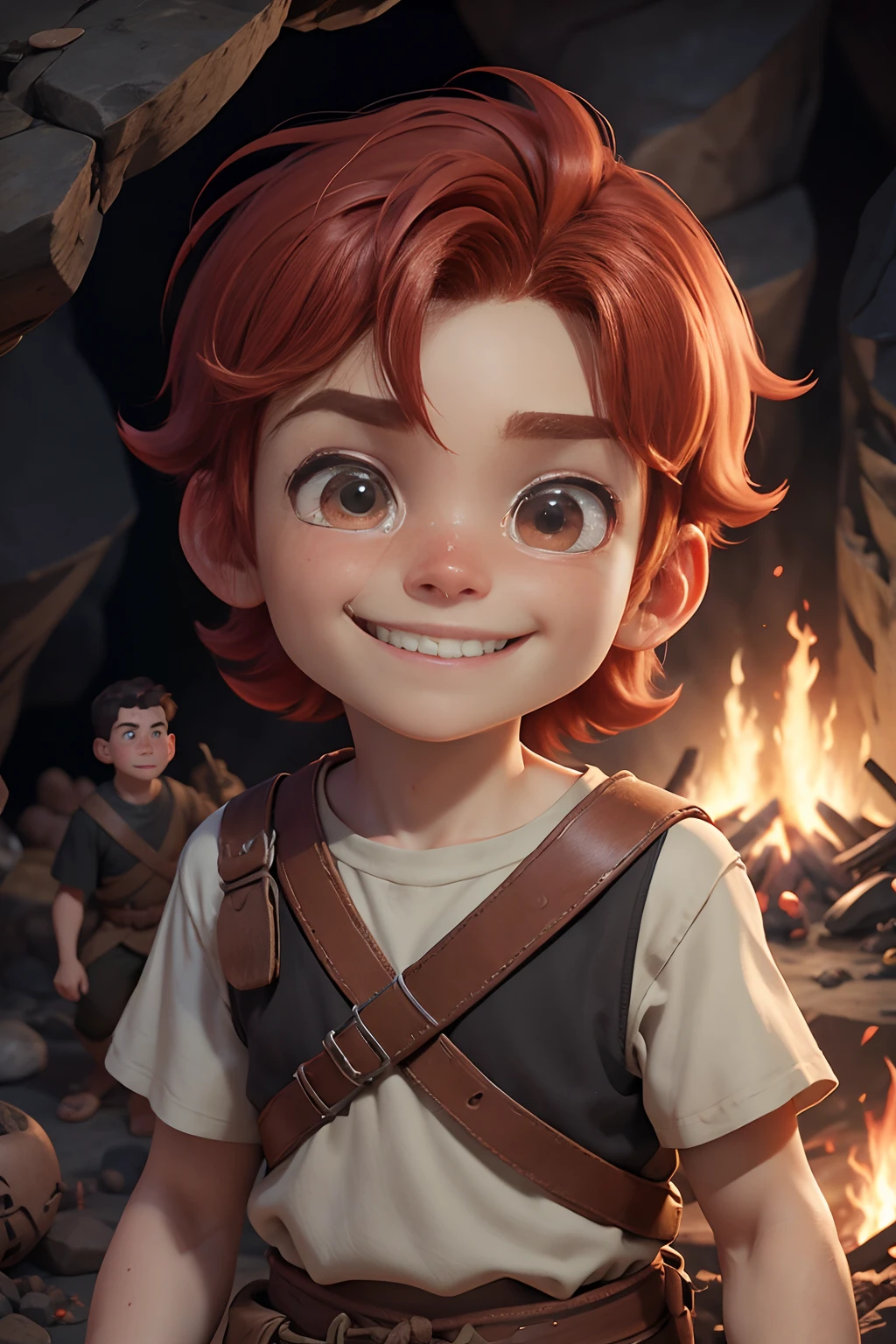 Pixar's cartoon style: A -yead redired boy is poor in poor clothing, In a cave with savages around a fire. Smiling broadly. a closeup of a. blurred background. Light haze.