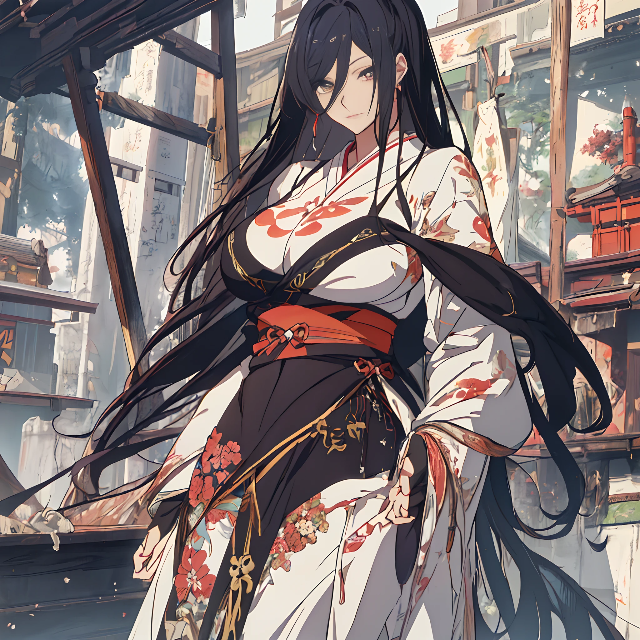 (Best Quality,4K,8K,hight resolution,masutepiece:1.2),Ultra-detailed,Realistic,CG Sezzoti Trends,Fantasy Art,beautiful character painting,The art of white Japan,Shrine of Japan,epic exquisite character art,Stunning character art,Beautiful woman,((beautiful and very large breasts,Beautiful detailed eyes,Blue black hair))