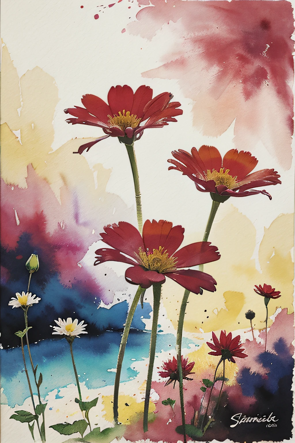 arte abstrata em aquarela, suave, flores, campo, splashes