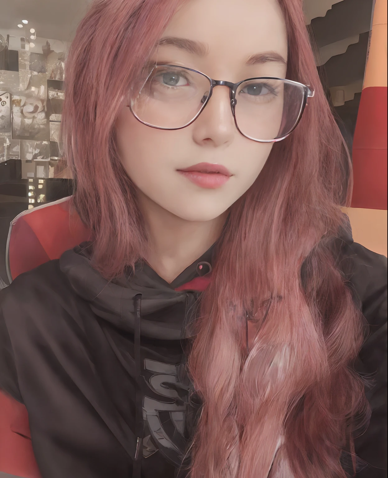 there is a woman with glasses and a black hoodie, pokimane, belle delphine, with glasses, amouranth, 18 years old, with glasses on, taken in the early 2020s, very very low quality, very low quality, spectacled, headshot profile picture, better known as amouranth, glasses, halfbody headshot