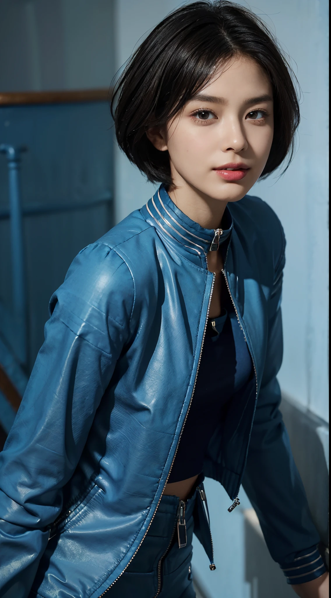 (shoulder length straight short hair: 1.1),(black hair:1.3),(Extremely meticulous CG 8k wallpaper），（Extremely refined and beautiful），（Masterpiece），（best qualtiy：1.0），（Ultra High Resolution：1.0），beautiful light up，Perfect lightning，realistic shaded，[A high resolution],(Smooth and flawless fair skin:1.5),Extremely exquisite facial details,(perfect body：1.1），ultra - detailed,(A 3--old utiful girl:1.5)，small head,(Small breasts:1.1)，Flat chests，slim，thin，Smile，cheerfulness,(blue collared zipped-up cloth jacket:1.5),(blue cloth pants:1.4),Slender legs,standing,(In the stairwell of the residential building:1.5), bright lights,Portrait photo,close shot,cowboy shot,upper body,from front