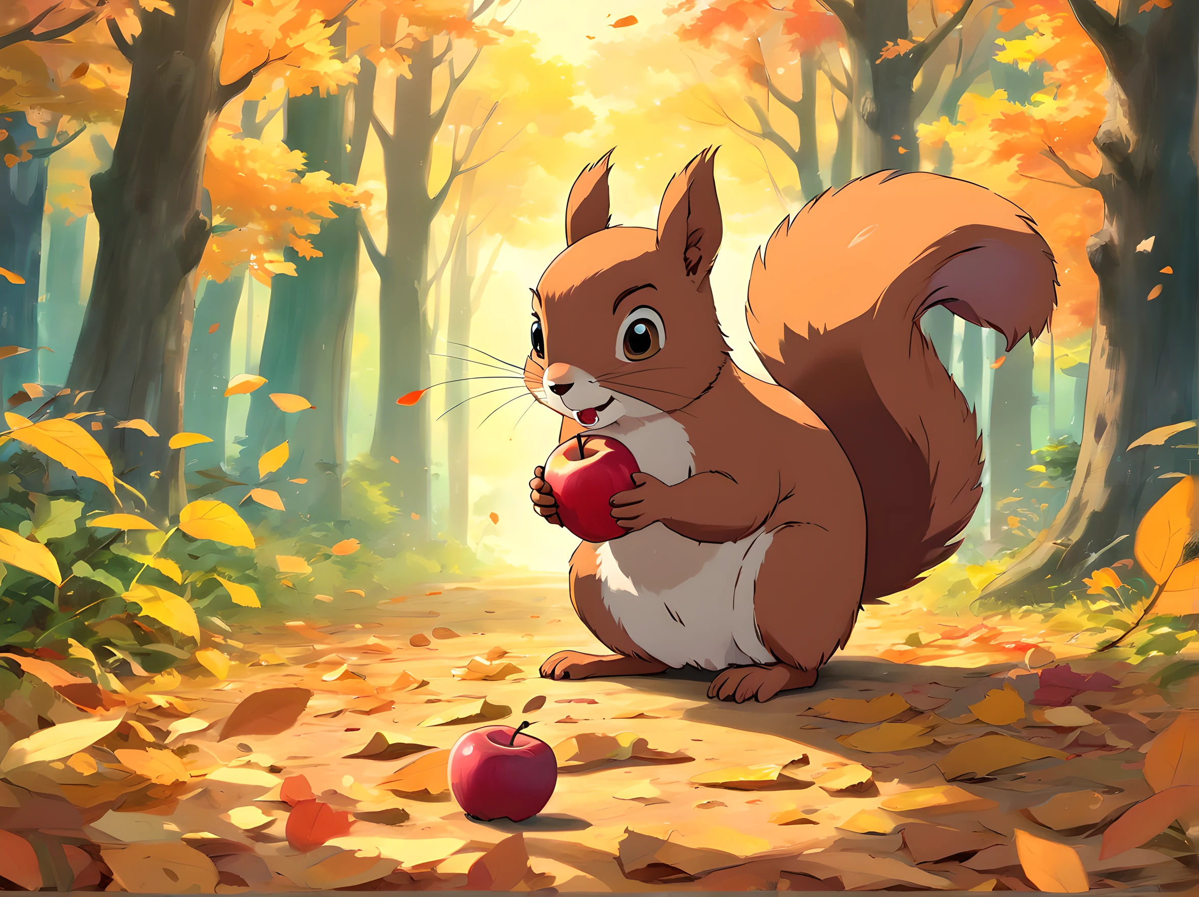There is a cartoon photo of a squirrel eating an apple, Forest background, 🍂 Cute, Autumn background, woodland backround, card frame, without text, woodenhor, Background(solid), Forest theme, forest picnic, on clear background, Three forest creatures, Forest setting, Wooden frame, signboard, Using wooden ones, sign, Forest background, forested background