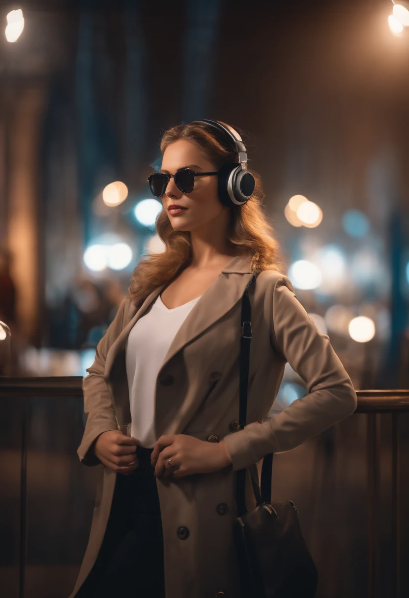 Centrage parfait, mignon petit chat, Portez une veste, porter des lunettes de soleil, Wearing Headphones, cheerfulness, Position debout, abstract beauty, centered, looking at the camera, facing camera, Approcher la perfection, dynamique, highly detailed, lisse, mise au point nette, 8k