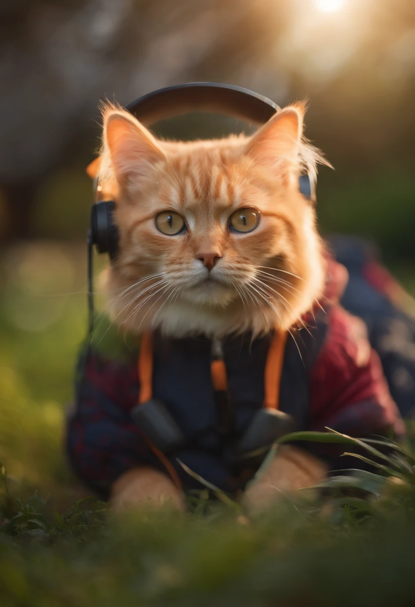 Centrage parfait, mignon petit chat, Portez une veste, porter des lunettes de soleil, Wearing Headphones, cheerfulness, Position debout, abstract beauty, centered, looking at the camera, facing camera, Approcher la perfection, dynamique, highly detailed, lisse, mise au point nette, 8k