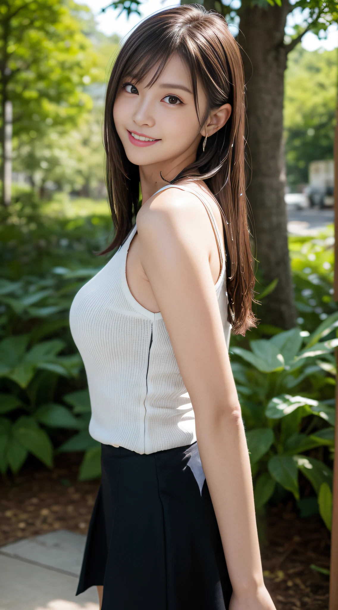(Best Quality, masutepiece, Ultra HD: 1.3), 1womanl, （middlebreasts）, light brown hair, Blunt bangs, hair behind ear, hair over shoulder, （Long hair）,wetting hair,（ slender body shape）, （Ultra Fine Face）, Delicate lips,（beautidful eyes）, thin blush, The eyes are brown eyes, （Wet and shiny skin, flawless skin :1.3）,鎖骨, （hide one's hands:1.5）,（ Black tops, Black tight skirt),(a japanese girl,hposing Gravure Idol),Smile,,bustshot,（Broad-leaved forest:1.5）