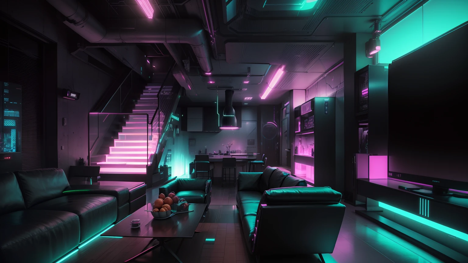 a view of living room and dinning room, cyberpunk setting, Cyber punk configuration, cyber neon lighting, cyber space, cyberpunk with neon lighting, luzes cyber neon, in a cyberpunk themed room, interior cyberpunk, television screen on metal table, cyber aesthetic, Cybernetic style, computador sci-fi, cyber background, cyber installation, console e computador