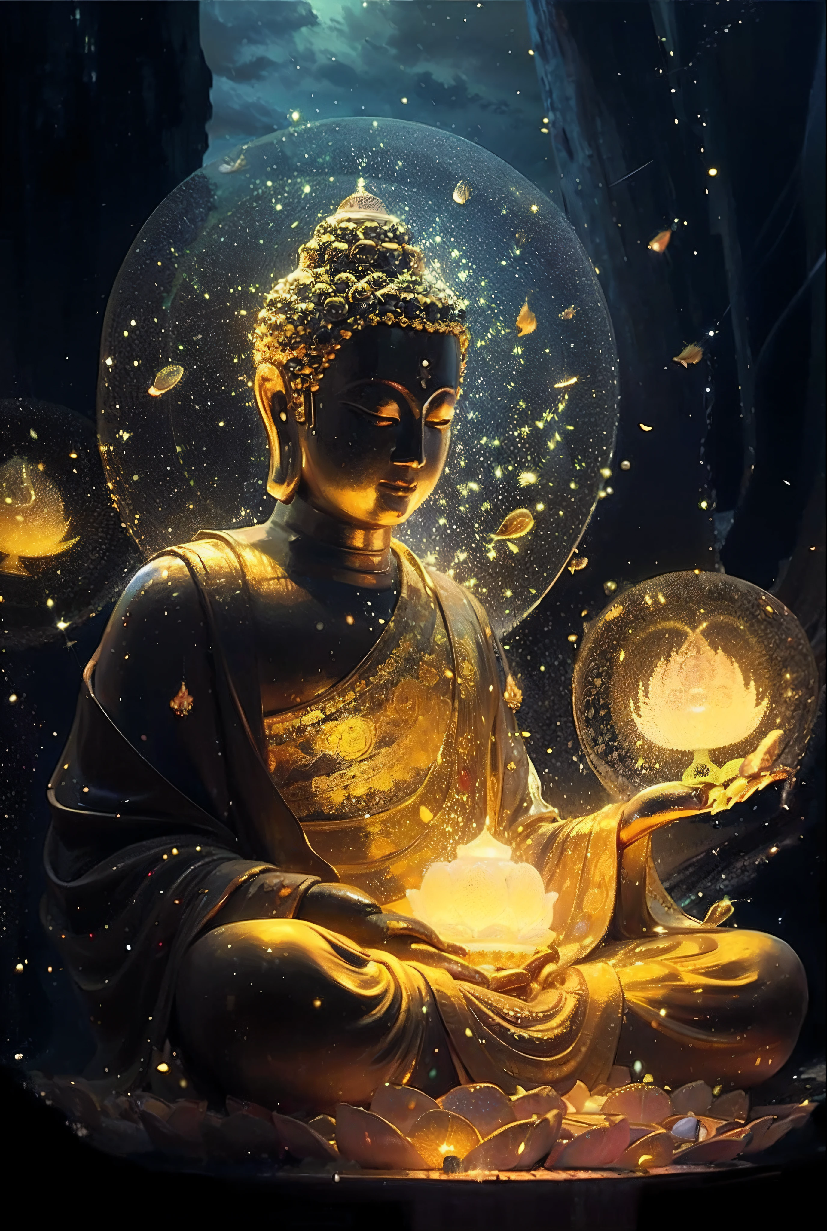 buddha with glowing lights and a glowing orb, buddhism, enlightenment. intricate, glowing from within, spiritual enlightenment, the buddha, on path to enlightenment, on the path to enlightenment, cosmic enlightenment, enlightened, beautiful depiction, emanating and flowing energy, samsara, glowing golden aura, an interdimensional being, the sacred cup of understading