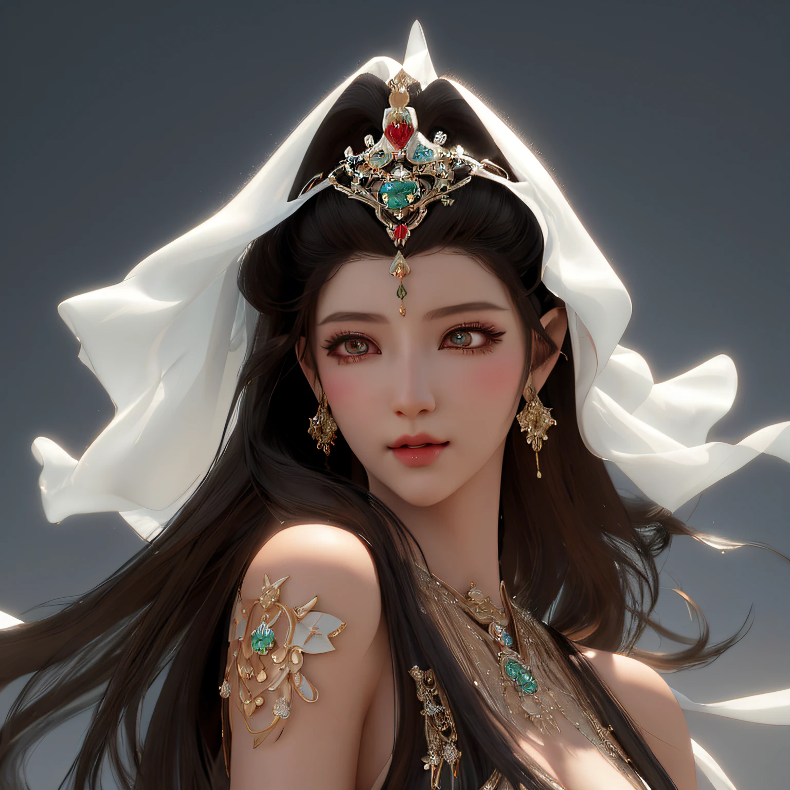 Wearing a white veil、Arad woman with tie and jewelry, a beautiful fantasy empress, Guviz-style artwork, ((a beautiful fantasy empress)), 3 D rendering character art 8 K, chengwei pan on artstation, beautiful and elegant elf queen, Guviz, by Yang J, Deviantart ArtStation CGSCOSIETY