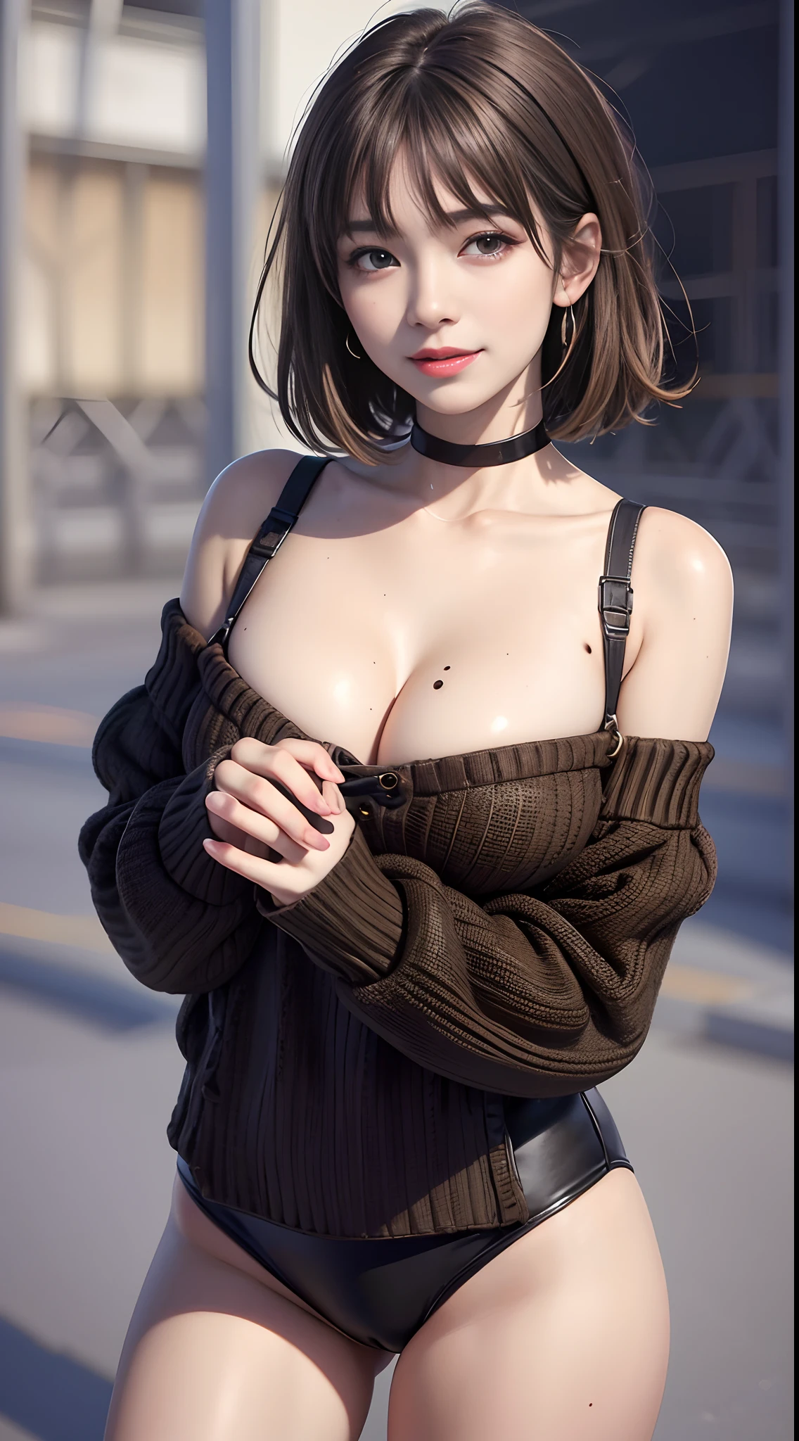 of the highest quality, masutepiece, Ultra High Resolution, Photorealistic, 1 girl, off shoulders, knit, Smile, Smile, slightly visible, Oversized_Sweaters, Soft lighting, Detailed skin, Bangs, Black hair, Clear eyes, Short bob hair, Transparency, Japan, Korean, Beautiful woman, Upper Eyes, Lip gloss, Black Chic Choker, Teardrops, Mole on the chest, Highlights in the eyes