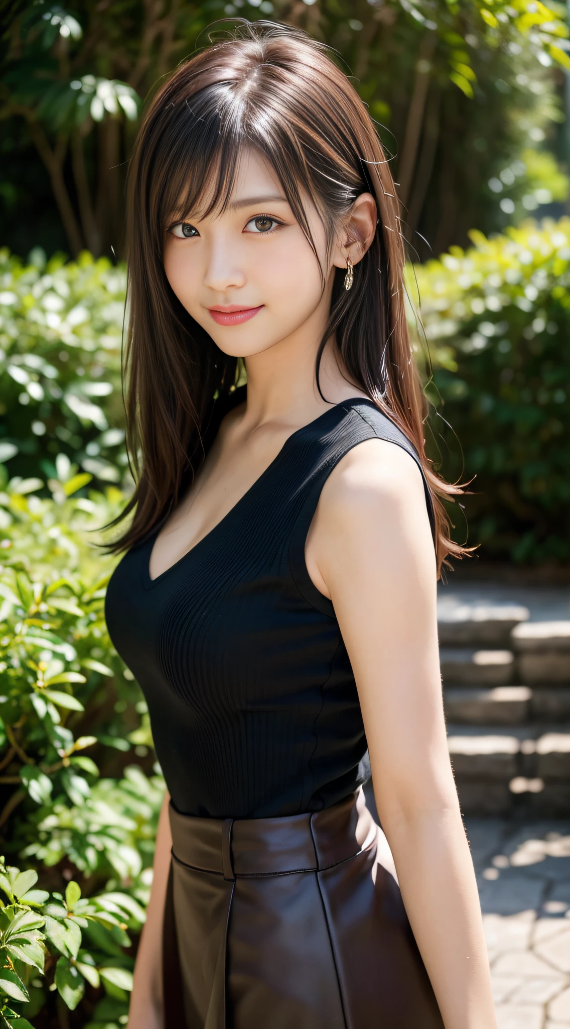 8K Super Resolution、Beauty、One Lady、Dark Brown Hair:1.1、Ultra-detailed face、Detailed lips、important、(Eyes meet)、double eyelid、Princess Eyes、 Beautiful Japanese Woman、Beautiful Japanese Woman、 Sensual lips、Bewitching body、Bust size 82、8 Life-size、Standing in a provocative pose facing forward with a well-balanced, natural body、Girlfriend in her 20s、(28 years old)、far and near method、Smiling with a nice smile、 Wearing a black one-piece dress、Hair blowing in the wind、Clear images、The sparkle of tiny eyes、Fine autumn leaves dyed red、color々Hair style、