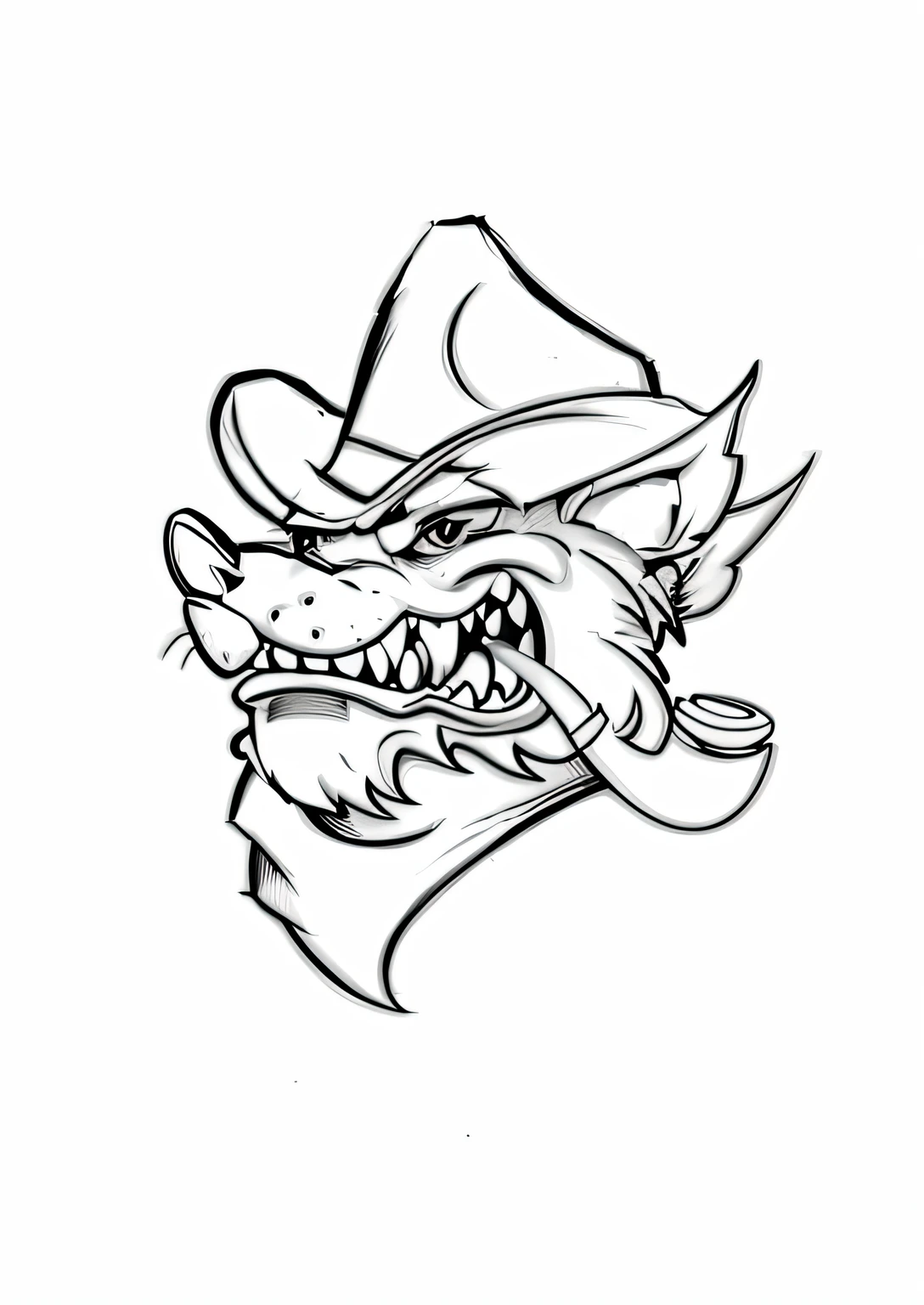 A drawing of a coyote with a hat and a pipe, Mascot illustration, high school mascot, desenho de contorno, logotipo sem texto, arte de linha, mascote da equipe esportiva, lineart afiado, lineart simples, linear limpo, sketch art, um mascote dingo, a dragon with a hat, mascote bulldog estilo nba, bola lineart, Arte de linha limpa, contorno de tinta