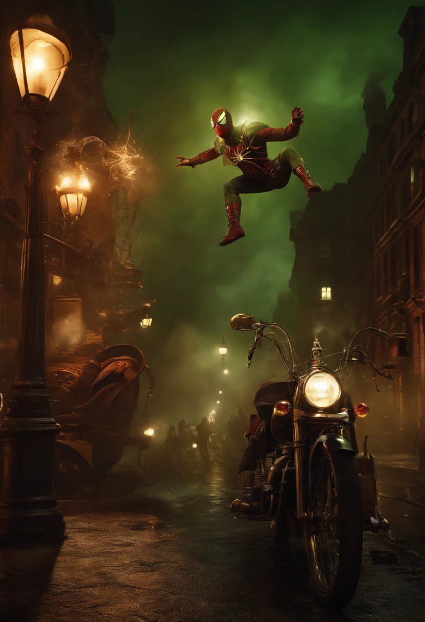 Metaverse of Spider-Man versus Green Goblin in a Halloween atmosphere, Steampunk version with a special appearance by Iron Man in Vertiginous fights watched by Irish workers in the old New York setting of 1883, realistic high-definition images
