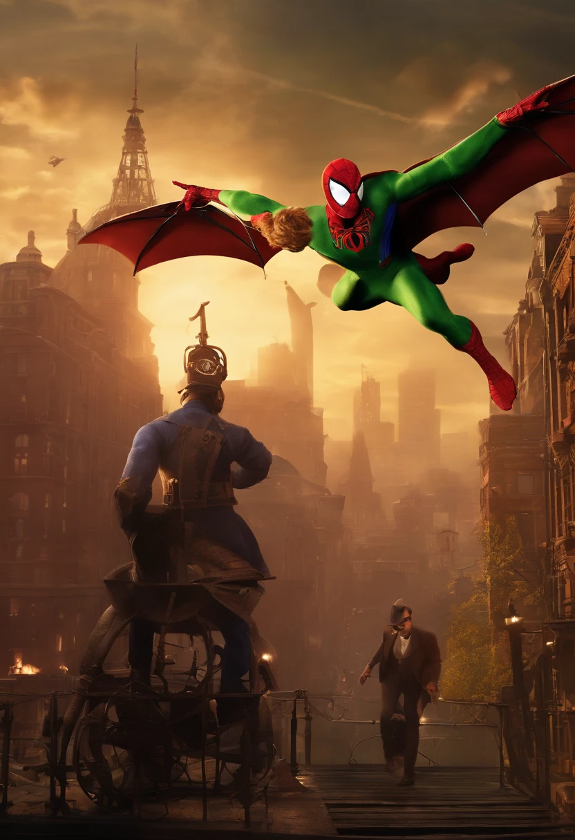 Metaverse of Spider-Man versus Green Goblin in a Halloween atmosphere, Steampunk version with a special appearance by Iron Man in Vertiginous fights watched by Irish workers in the old New York setting of 1883, realistic high-definition images