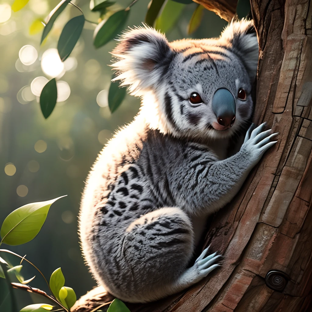 best quality, vibrant colors, realistic:1.37, detailed eyes, cute koala who thinks its a tiger, fluffy fur, eucalyptus leaves, peaceful green forest, soft lighting, nature landscape, wildlife, majestic trees, Australian fauna, gentle expression, adorable little creature, adorable nose, furry ears, calm and relaxed, native wildlife, charming beauty, wildlife conservation, furry friend, playful innocence, unique marsupial, iconic Australian animal, beautiful nature, tranquil atmosphere, peaceful harmony, delicate whiskers, gentle nature, comfortable habitat, natural beauty, nature's wonder, cute and cuddly, loveable creature, peaceful coexistence, fascinating creature.