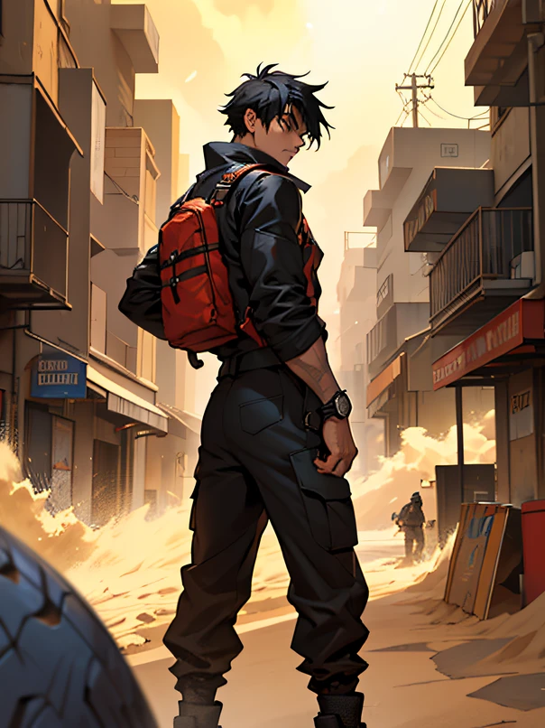A streetwise guy with black hair turns his back to us. He's clad in urban attire and commands the power of sand. As he stands there, a swirling sandstorm surrounds him, adding to his mystique and charisma.