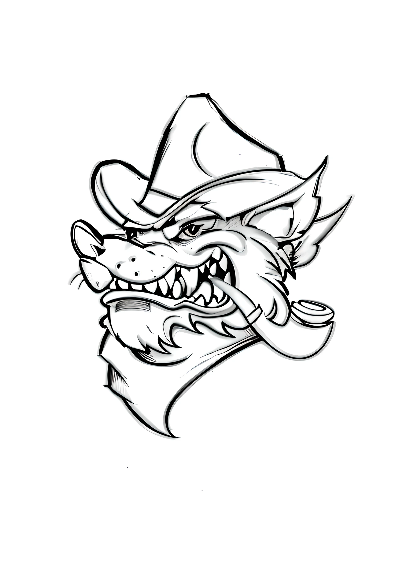 A drawing of a coyote with a hat and a pipe, Mascot illustration, high school mascot, desenho de contorno, logotipo sem texto, arte de linha, mascote da equipe esportiva, lineart afiado, lineart simples, linear limpo, sketch art, um mascote dingo, a dragon with a hat, mascote bulldog estilo nba, bola lineart, Arte de linha limpa, contorno de tinta