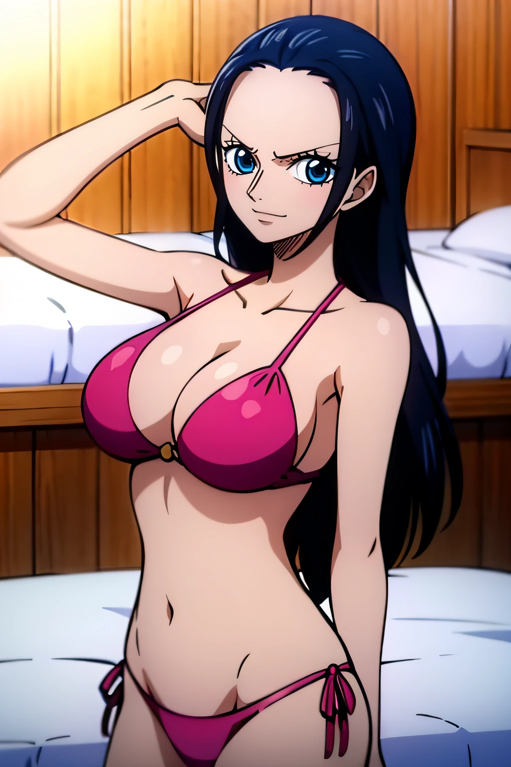 Robin de One Piece, pose sexy, Y si , Elly, Sari rojo, 8k, anime, ribera, teta grande, grande, Se ve sexy perfecta calidad ojos ojos azules, bikini rosa, pink bikini, bed, house, night