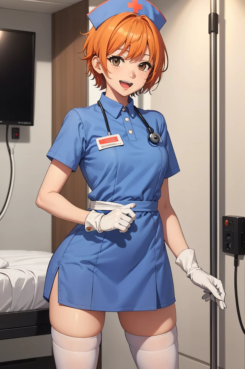 1girl, solo, nurse, nurse cap, white wear, ((white legwear, zettai ryouiki)), white gloves, very short hair, orange hair, smile, open mouth, standing, ((hospital room)), sharp outline, short sleeves, tomboy, boyish, best quality, masterpiece