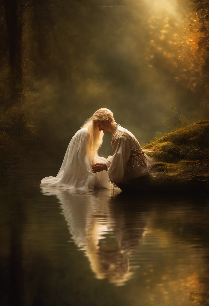 ((One Man)), ((bent over the water and looks at the reflection)), (((Fantasy portrait of a blond young man in a mithorogic costume))), ((Long sleaves)), Narcissus, With mystical colored eyes, pale skin, Long hair, Magical, Beautiful, Enchanting, Photorealism, mid-shot, ((Deep forest)), Fantasy Art, (((Many sparkling particles in the air))), ((Ethereal fantasy art)),