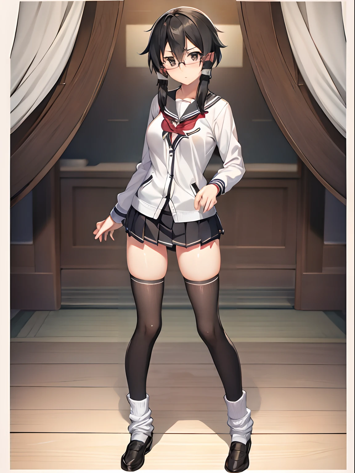 {shino asada, (black eyes:1.5), black hair, hair between eyes, hair ribbon, short hair, sidelocks, glasses}, Highly detailed and realistic CG, Colorful, Masterpiece, Best Quality, novel illustration,1girl in, Solo, loose socks, contrapposto, miniskirt, black school uniform, zettai ryouiki, pupils, looking over eyewear, troubled eyebrows, confused, full body,