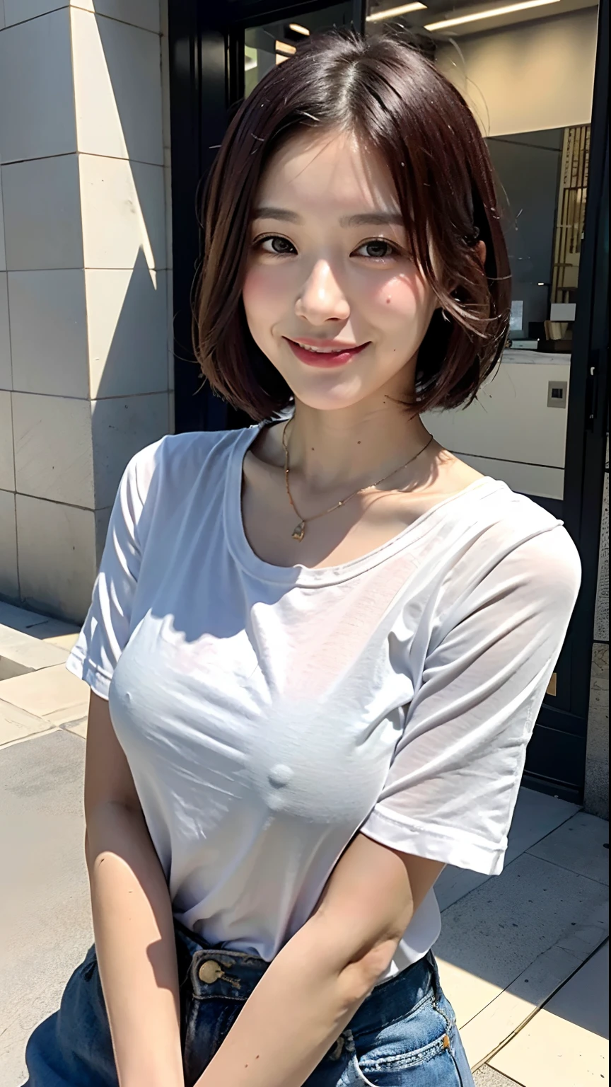 (top-quality、8K、32K、masterpiece、nffsw:1.2)、Photo of a cute Japanese woman、large full breasts、short cut hair、sface focus、white t-shirts、a necklace、From above、looking at the viewers、A smile、Dimples、dynamic shadow、Wet shiny hair、Moist eyes、In the city of Akihabara