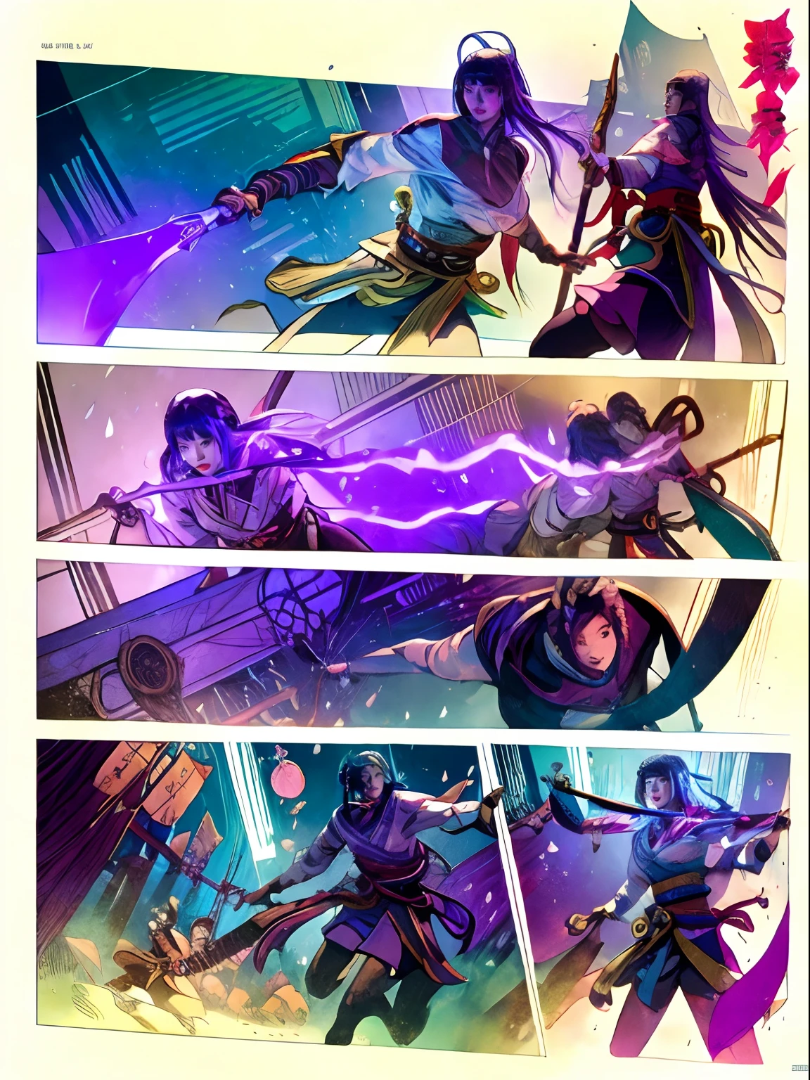 Comic storyboard:2, Girl，combat scene，plethora of colors，quaint，fanciful，Raiden Shogun，ultraclear，the detail