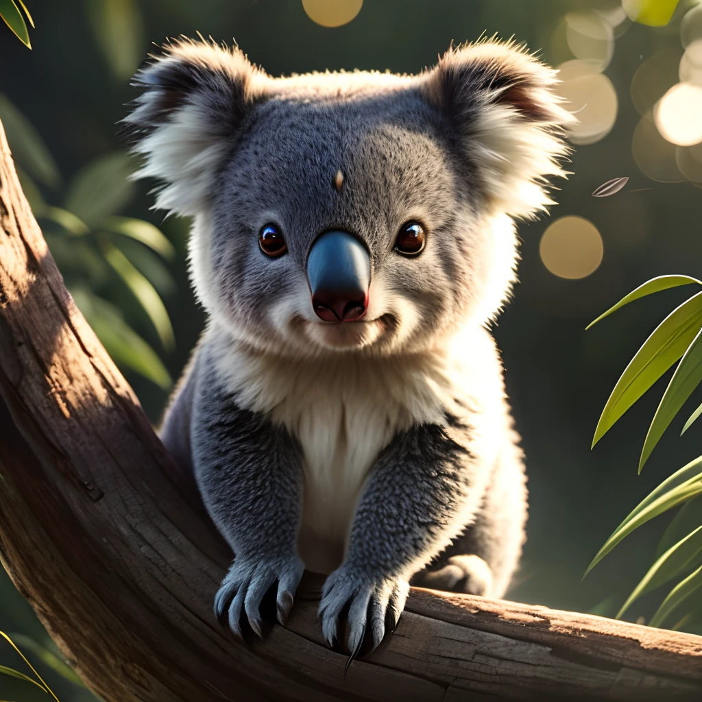 best quality, vibrant colors, realistic:1.37, detailed eyes, cute koala, fluffy fur, eucalyptus leaves, peaceful green forest, soft lighting, nature landscape, wildlife, majestic trees, Australian fauna, gentle expression, adorable little creature, adorable nose, furry ears, calm and relaxed, native wildlife, charming beauty, wildlife conservation, furry friend, playful innocence, unique marsupial, iconic Australian animal, beautiful nature, tranquil atmosphere, peaceful harmony, delicate whiskers, gentle nature, comfortable habitat, natural beauty, nature's wonder, cute and cuddly, loveable creature, peaceful coexistence, fascinating creature.