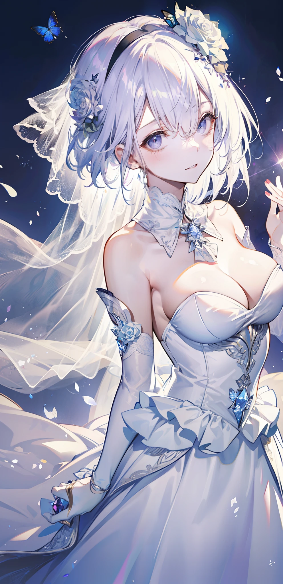 silber hair,butterflys,long whitr hair,white wedding gown,8k wallpaper,detailedbackground,Highest high resolution,deep v big breasts,Hair covers one eye,Bandeau wedding dress,chies,White rose,tight-fitting,