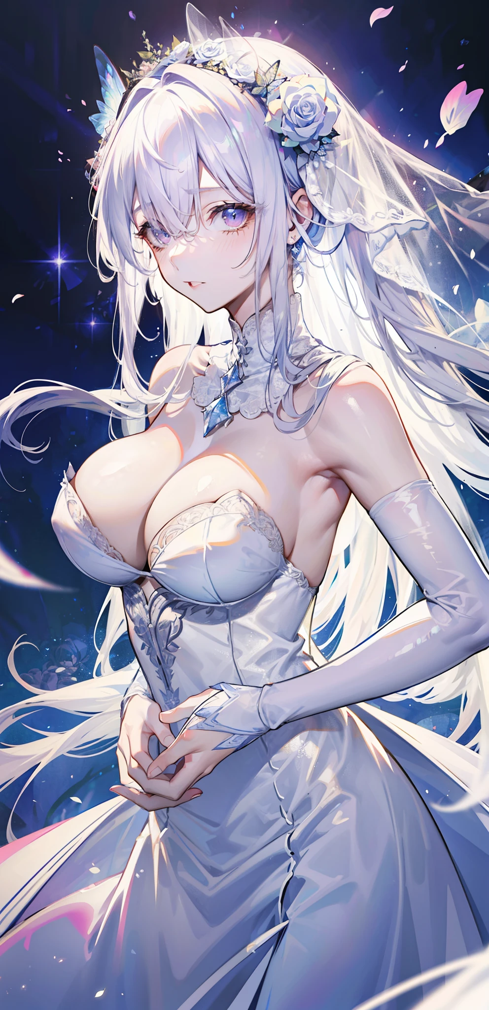 silber hair,butterflys,long whitr hair,white wedding gown,8k wallpaper,detailedbackground,Highest high resolution,deep v big breasts,Hair covers one eye,Bandeau wedding dress,chies,White rose,tight-fitting,