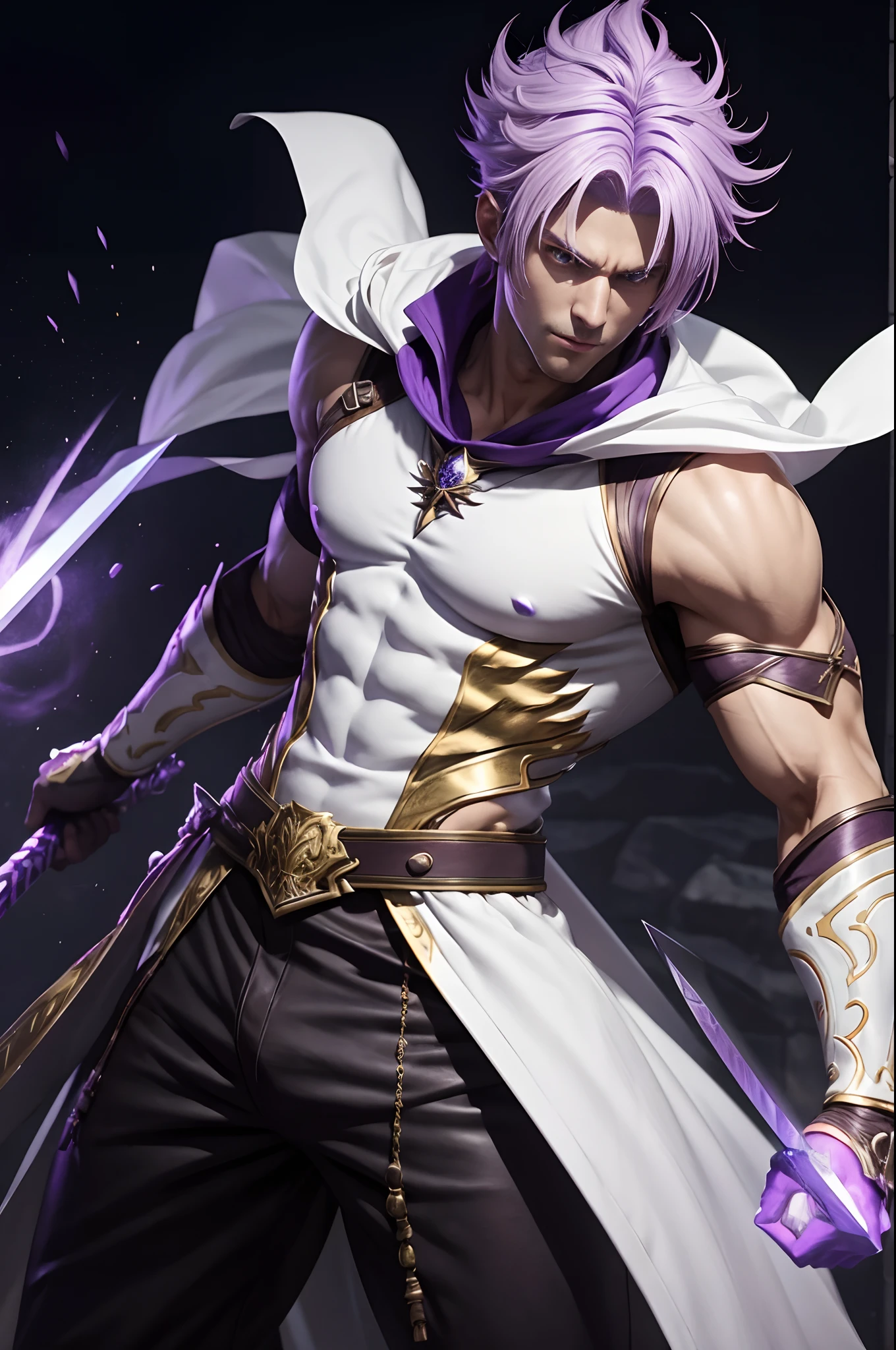 8K、Alafed Men、White and purple costume,Golden decoration、Big sword armament、Super handsome、Red around the eyes,Purple and white mohawk cutting、Eyes glowing purple、unrealengine、Joseph Joestar、trending on artstationh、Diobrand、highly detailed exquisite fanart、3 d render character art 8 k、Highly detailed artgerm、Muscular male hero with a slender body、handsome guy in demon slayer art、Range Murata and Artgerm
