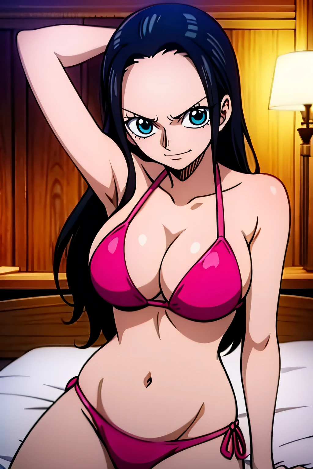 Robin de One Piece, pose sexy, Y si , Elly, Sari rojo, 8k, anime, ribera, teta grande, grande, Se ve sexy perfecta calidad ojos ojos azules, bikini rosa, pink bikini, bed, house, night