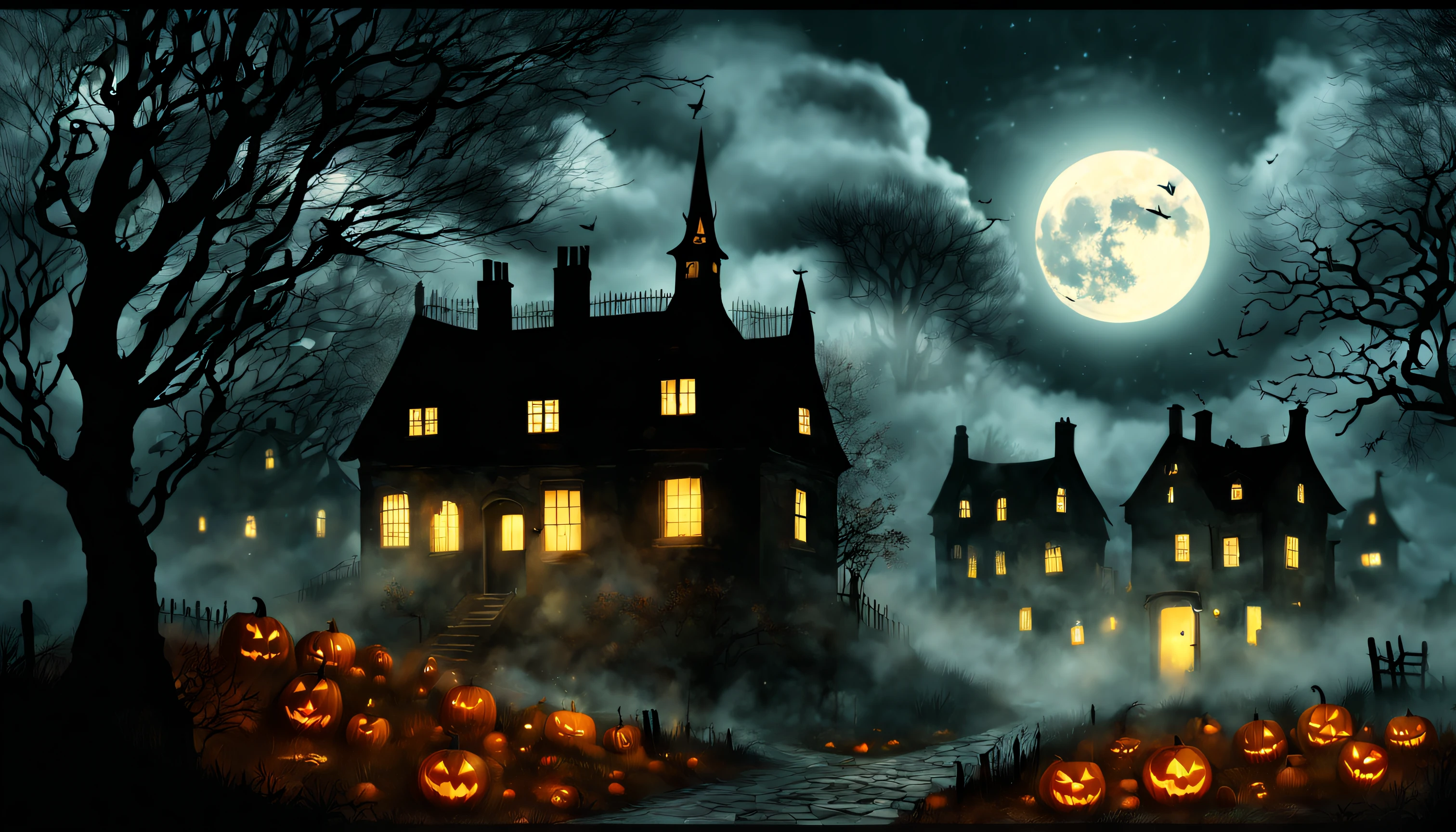 (best quality,4k,highres,masterpiece:1.2),ultra-detailed,realistic, van gogh style  halloween night painting , mist flowing through the village, ancient graveyard, long foggy street, haunting cemetery, dark night, hand on the roof, oil painting, eerie atmosphere, full moon, ghostly tree branches swaying, glowing jack-o'-lanterns, creepy abandoned house, flickering streetlights, chilling wind, mysterious mist enveloping everything, glowing eyes in the darkness, bats flying overhead, ominous clouds swirling in the sky, spooky silhouette cast by the moonlight, cobwebs stretching across the buildings, distant howling of wolves, a sense of anticipation and suspense.