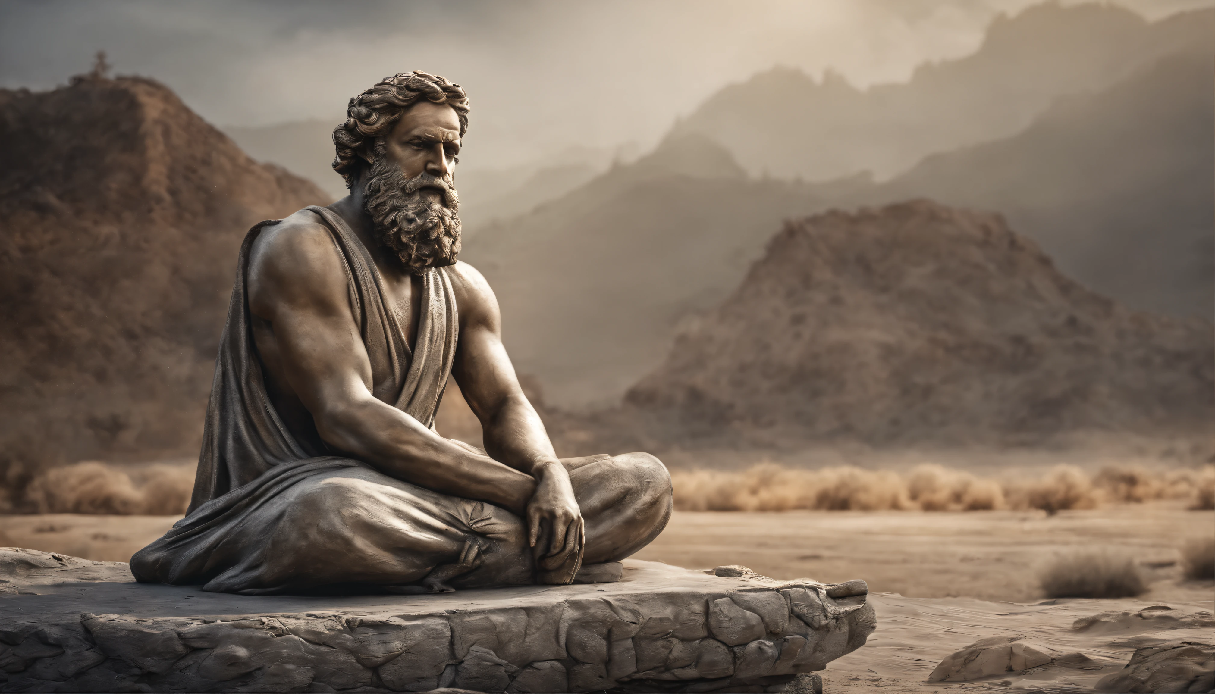 Greek philosophy statue with beard and muscles, cinemactic, 8k, fundo escuro, Detailed symmetrical realistic face, textura natural extremamente detalhada, peach fluff, short hair, master part, Absurdos, Foto premiada por Lee Jeffries, Nikon Film Stock D850 Fotografia, kodak portra 400 camera f1.6 lentes, extremamente detalhado, Amazing, detalhes finos, cores ricas, textura hiper realista, dramatic lighting, UnrealEngine, trending on ArtStation, cinestill 800 tungsten, Olhando para o Viewer, Realistic photo, foto raw , TanvirTamim, alta qualidade, high resolution, foco nítido, extremamente detalhado, Cinematic lighting, 8k UHD,
